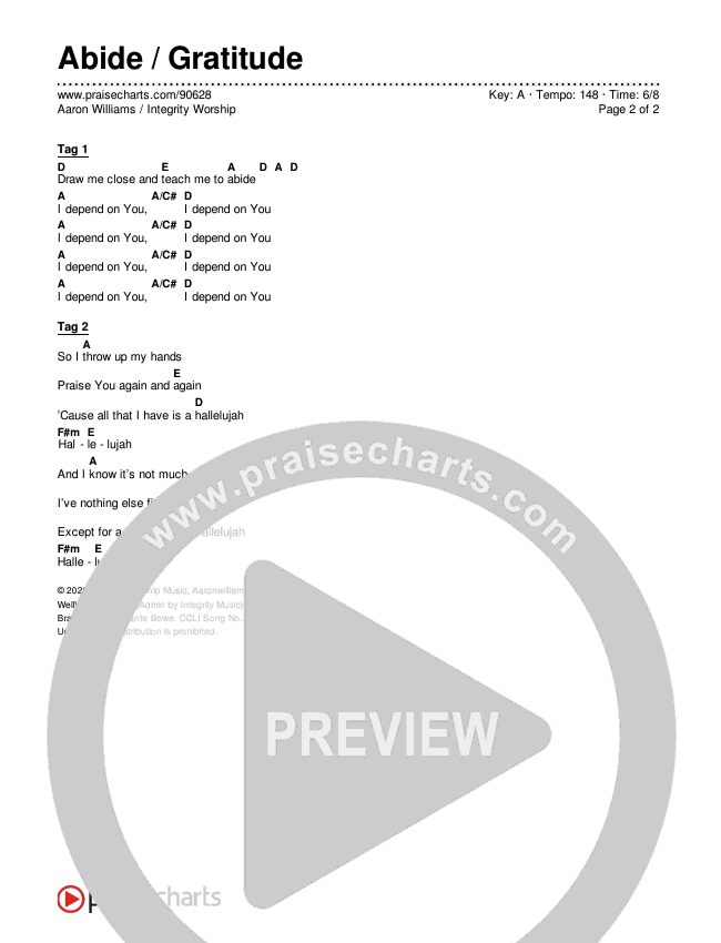 Abide / Gratitude Chord Chart (Aaron Williams / Integrity Worship)