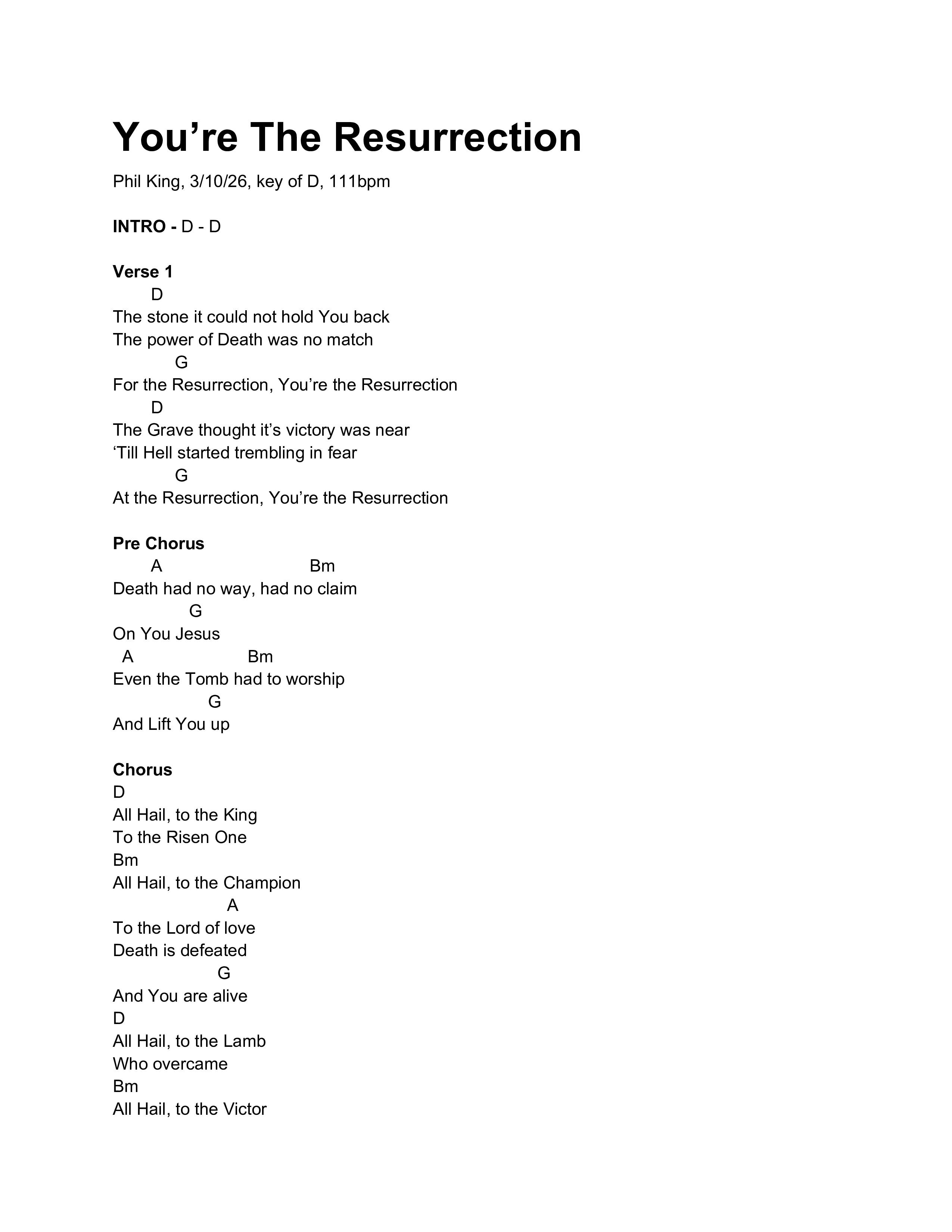 You're The Resurrection Chord Chart (Phil King / Michael Bethany)
