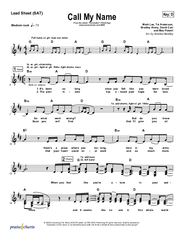 Call My Name Lead Sheet (Third Day)