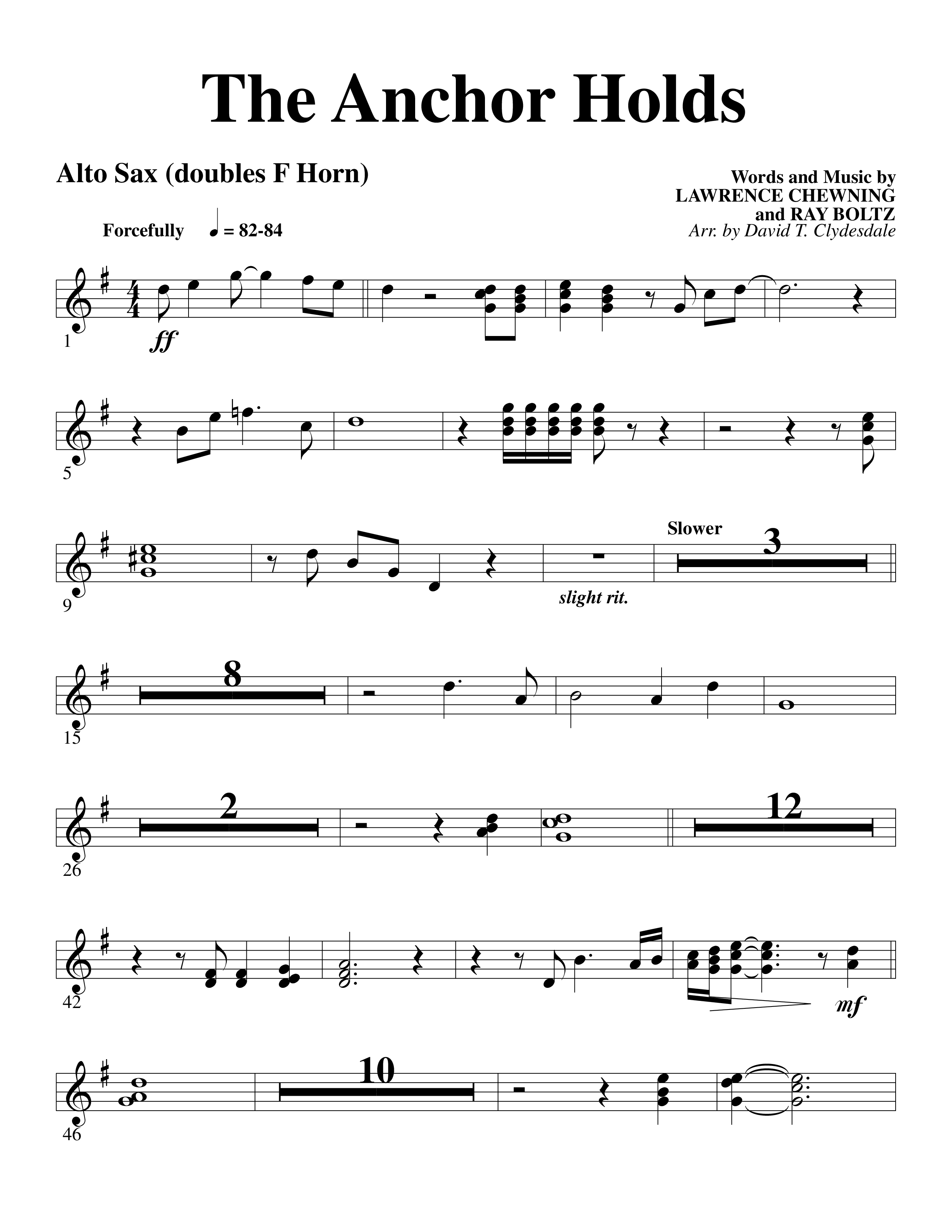 The Anchor Holds (Choral Anthem SATB) Alto Sax (Word Music Choral / Arr. David Clydesdale)