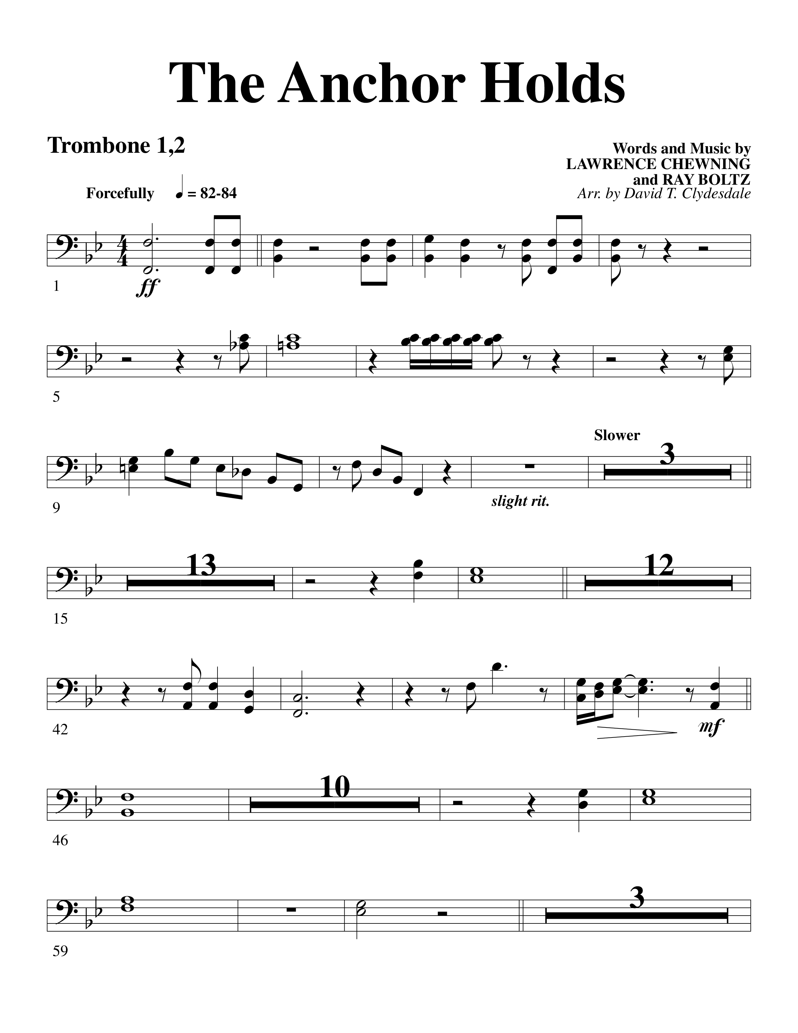 The Anchor Holds (Choral Anthem SATB) Trombone 1/2 (Word Music Choral / Arr. David Clydesdale)
