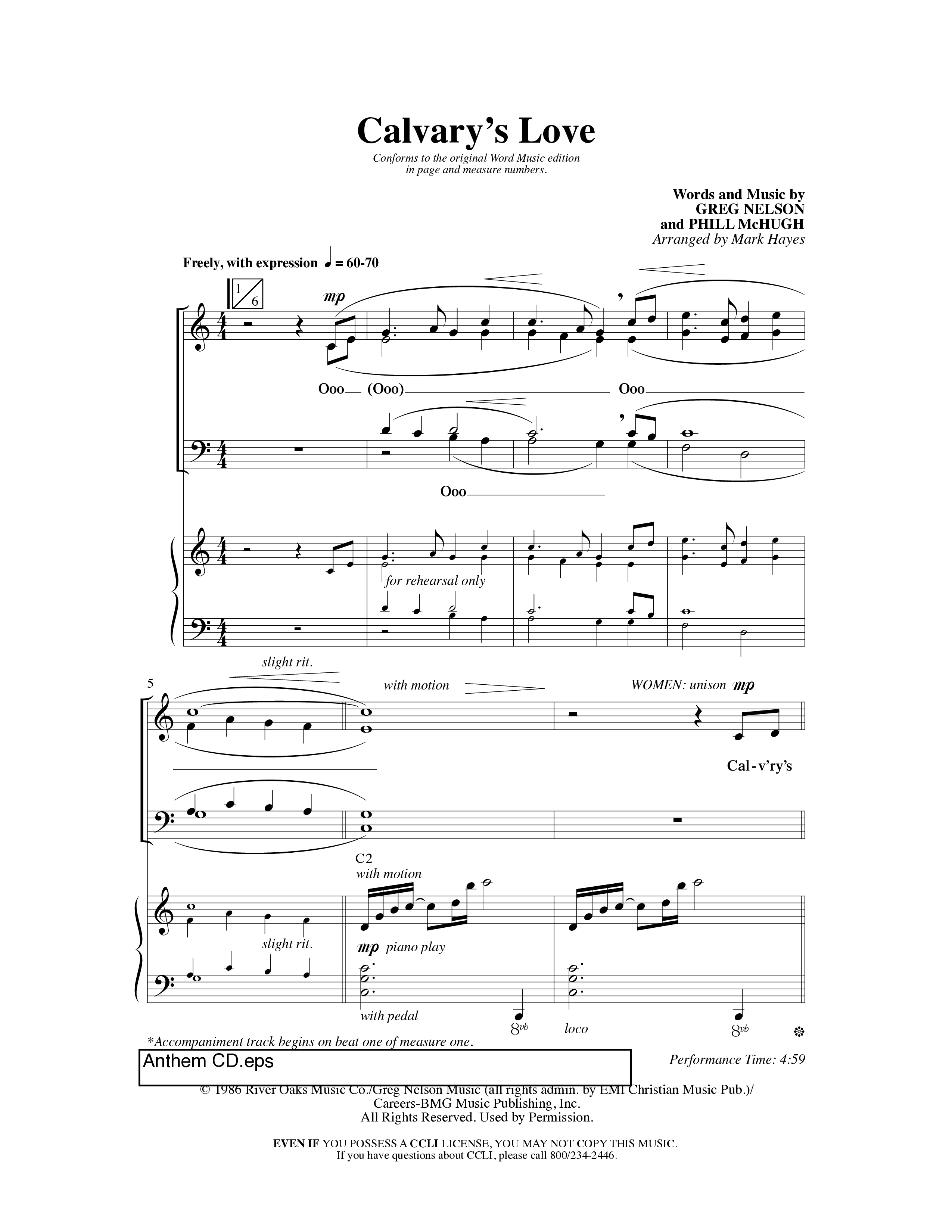 Calvary's Love (Choral Anthem SATB) Anthem (SATB/Piano) (Word Music Choral / Mark Hayes)