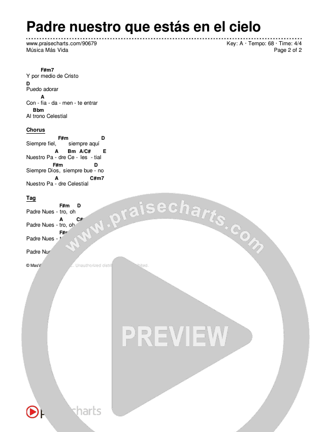Padre nuestro que estás en el cielo Chord Chart (Música Más Vida)