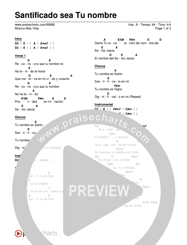 Santificado sea Tu nombre Chord Chart (Música Más Vida)