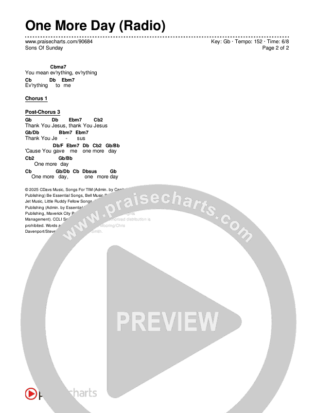 One More Day (Radio) Chords & Lyrics (Sons Of Sunday)