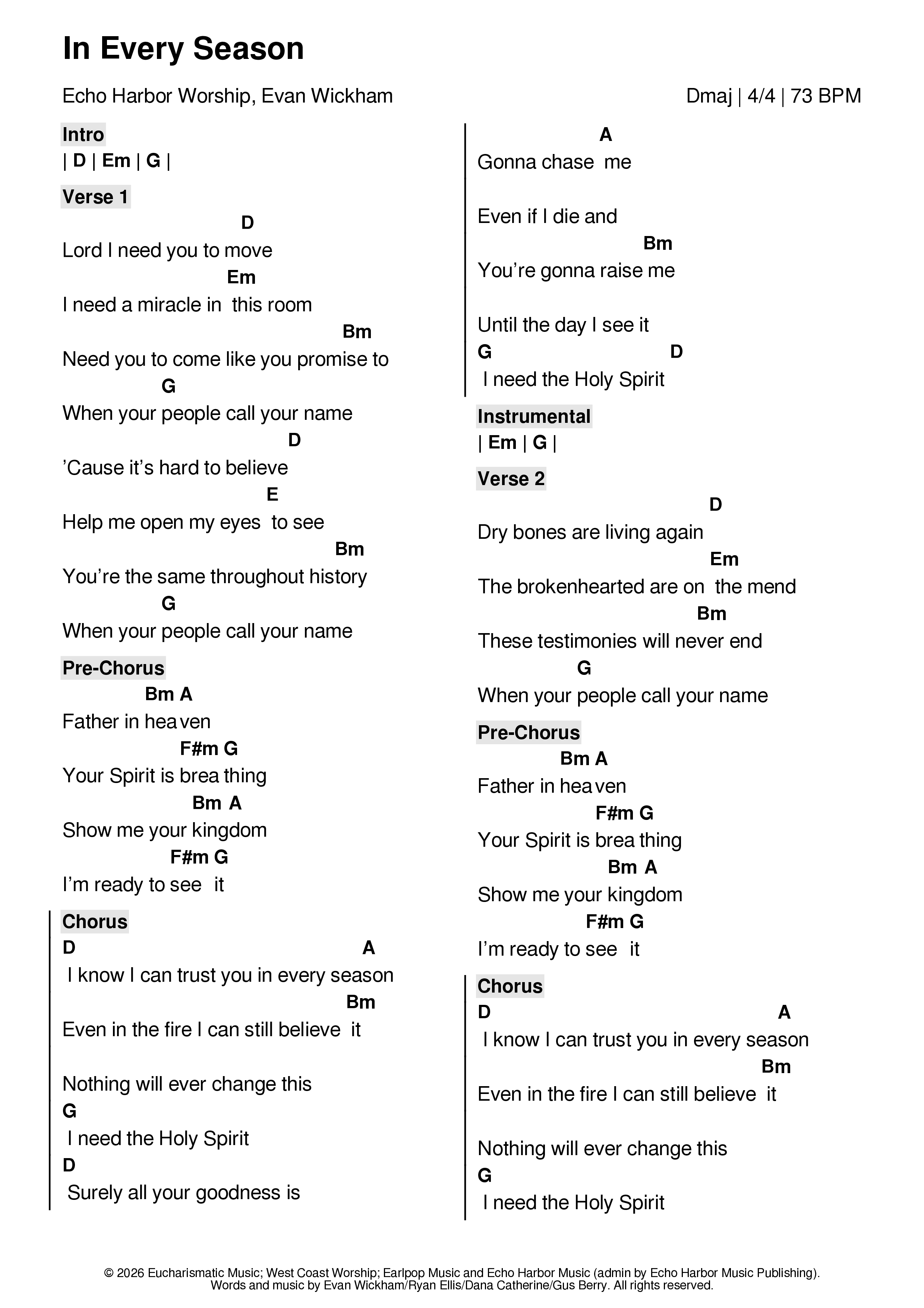 In Every Season Chord Chart (Echo Harbor Worship / Evan Wickham)