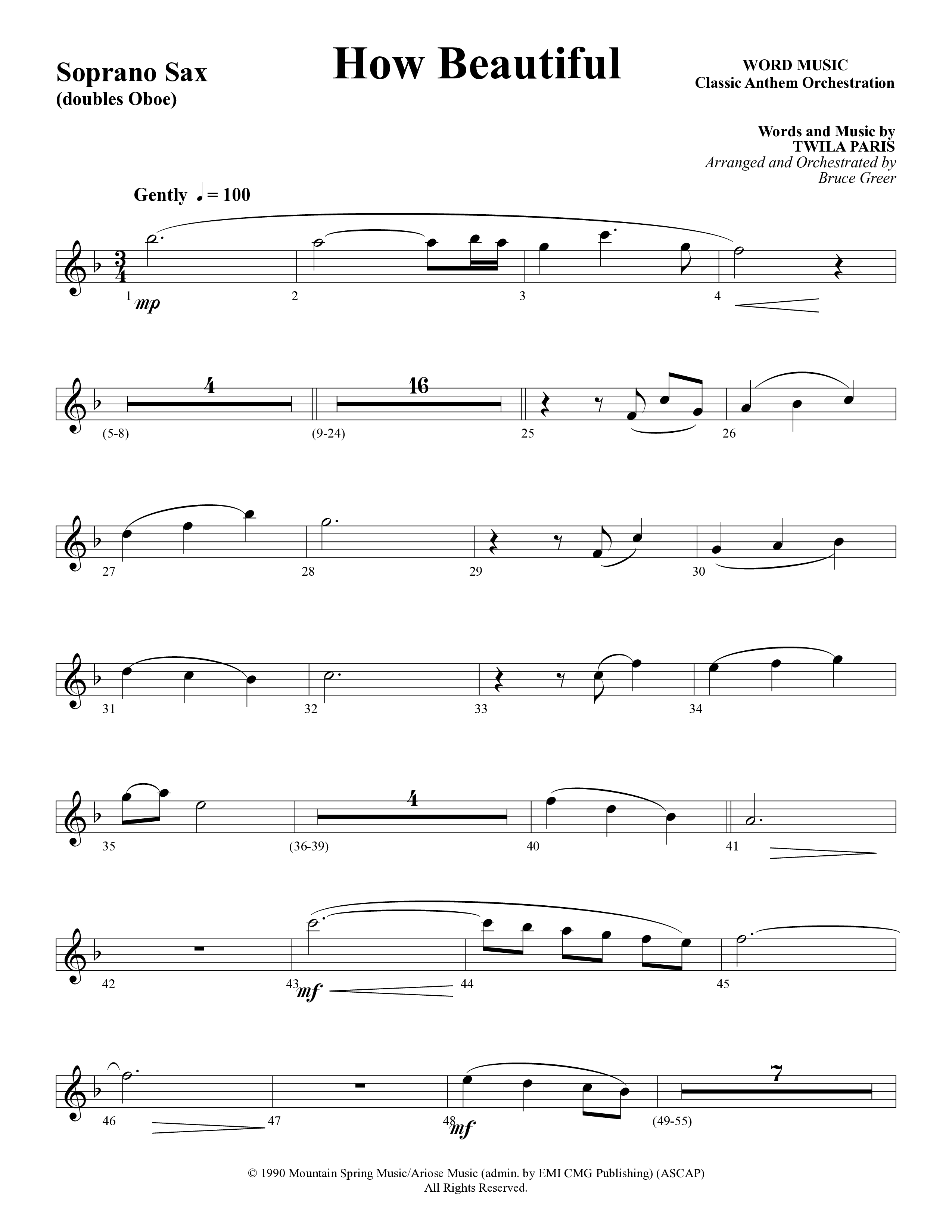 How Beautiful (Choral Anthem SATB) Soprano Sax (Word Music Choral / Arr. Bruce Greer)