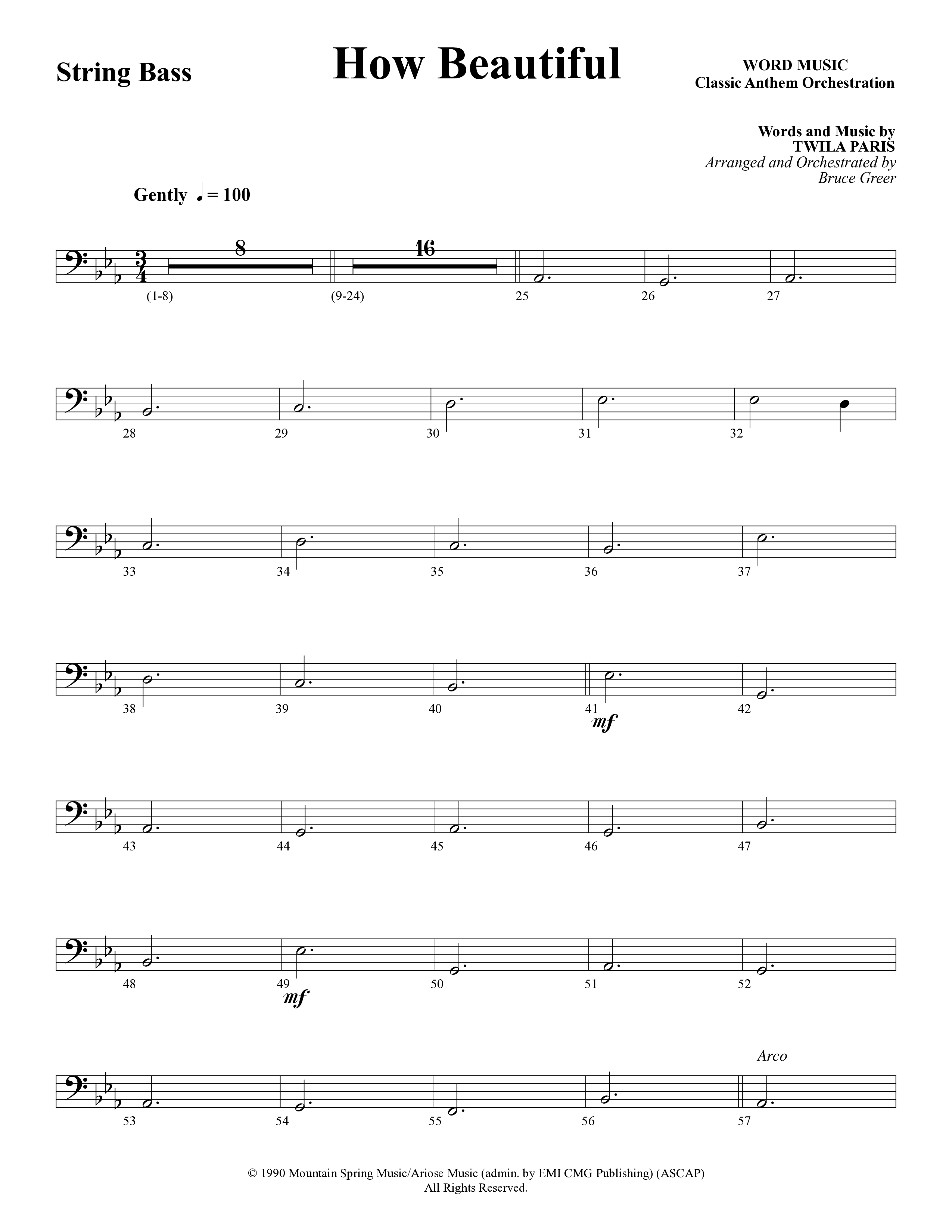 How Beautiful (Choral Anthem SATB) String Bass (Word Music Choral / Arr. Bruce Greer)