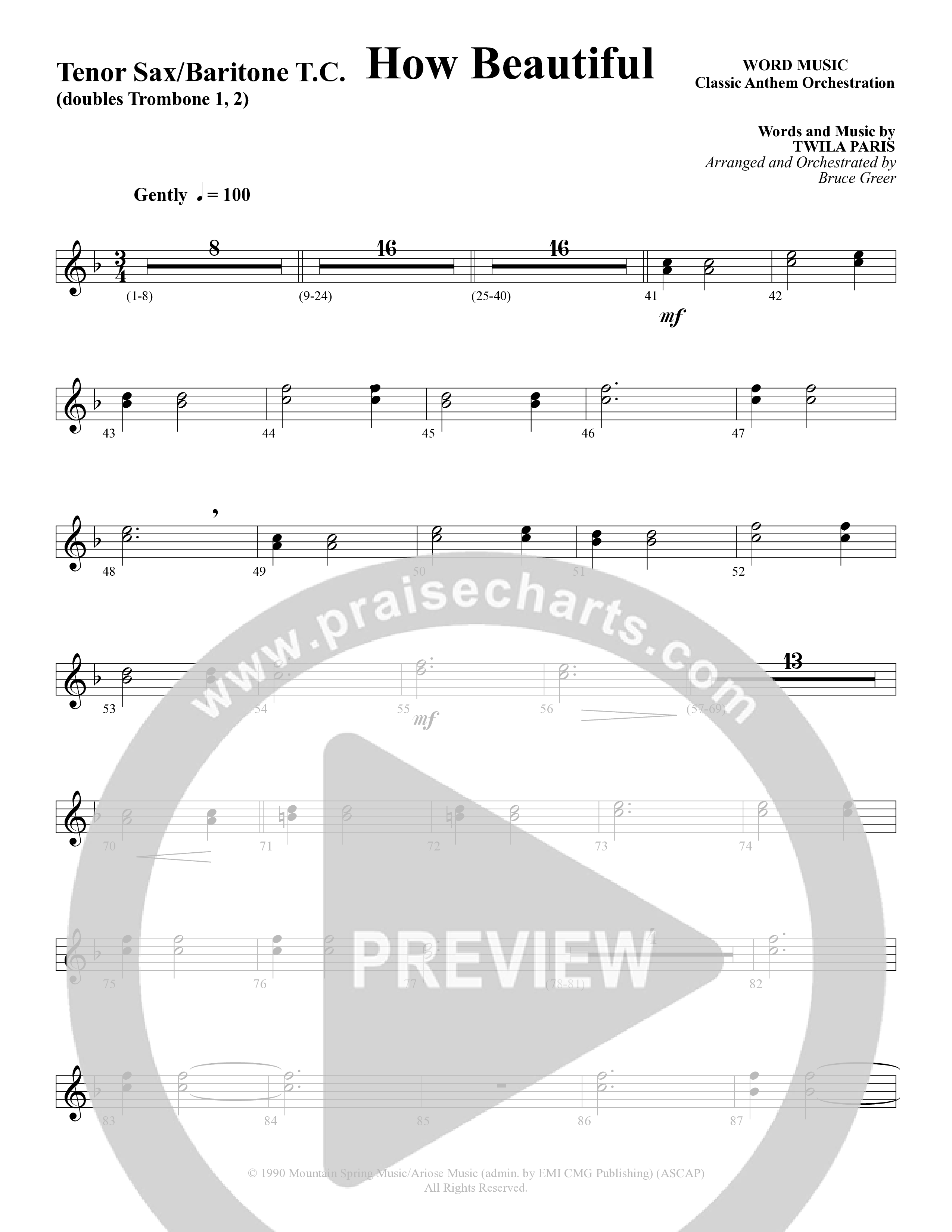 How Beautiful (Choral Anthem SATB) Tenor Sax/Baritone T.C. (Word Music Choral / Arr. Bruce Greer)