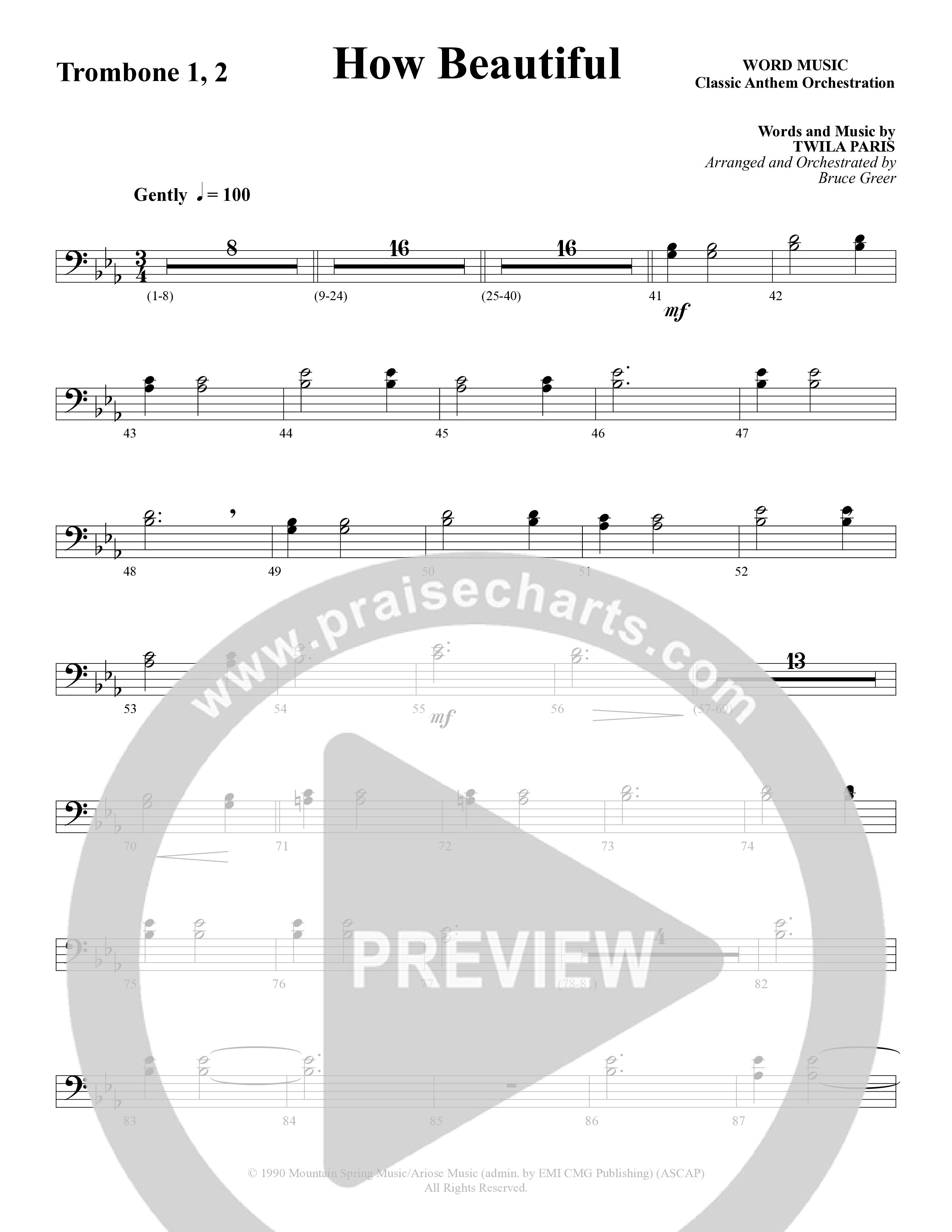 How Beautiful (Choral Anthem SATB) Trombone 1/2 (Word Music Choral / Arr. Bruce Greer)