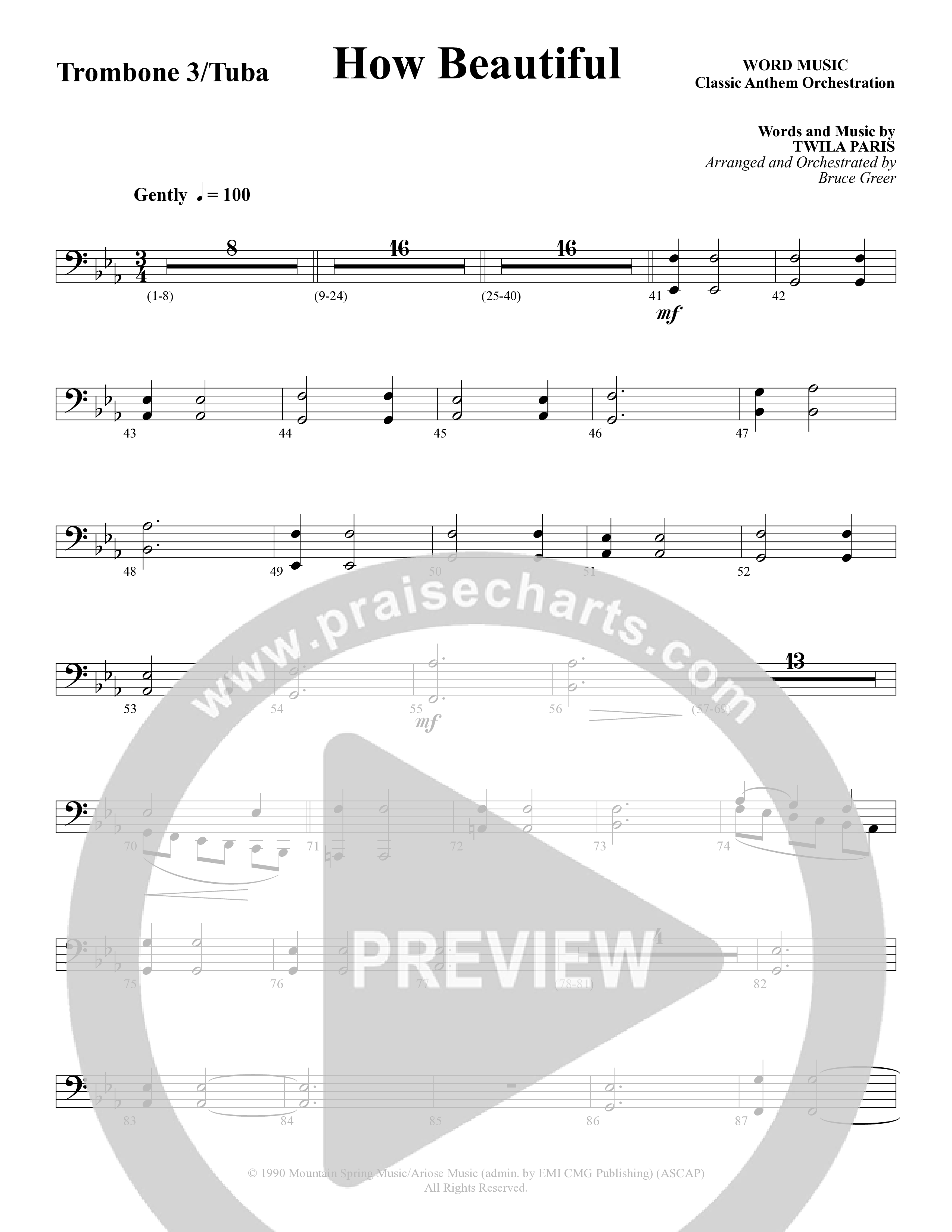 How Beautiful (Choral Anthem SATB) Trombone 3/Tuba (Word Music Choral / Arr. Bruce Greer)