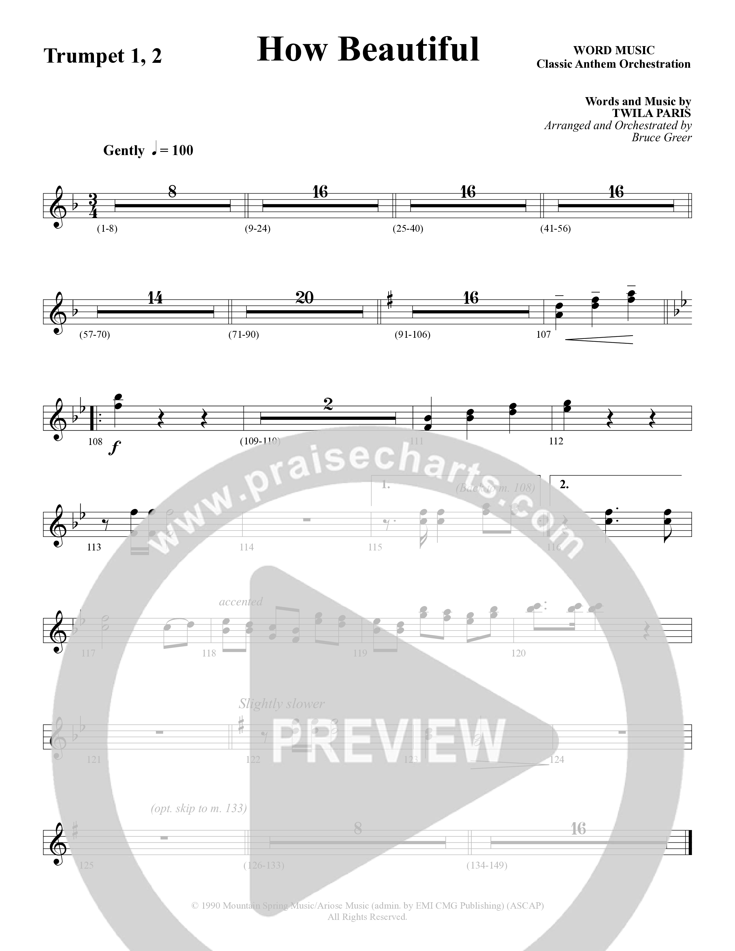 How Beautiful (Choral Anthem SATB) Trumpet 1,2 (Word Music Choral / Arr. Bruce Greer)