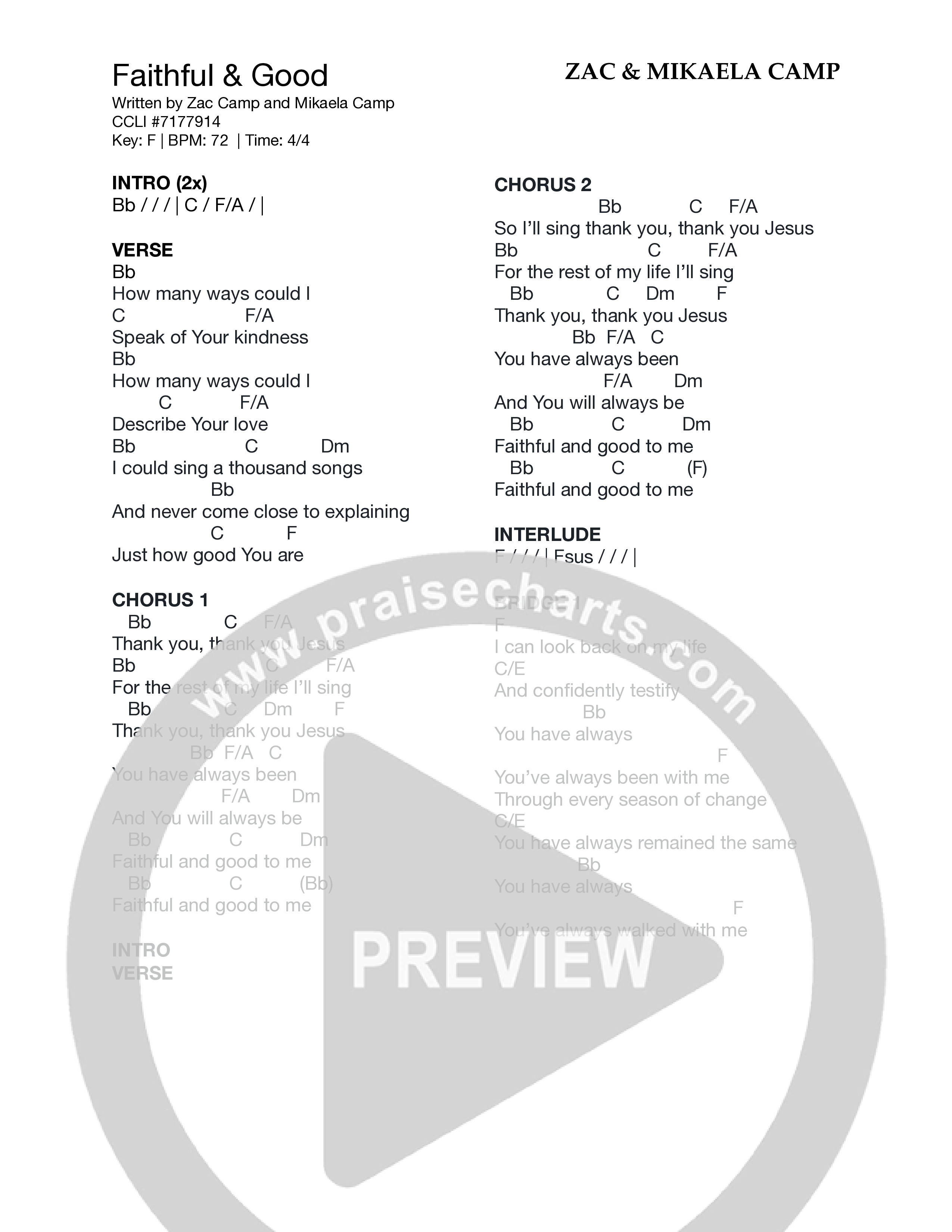 Faithful & Good Chord Chart (Zac & Mikaela Camp)
