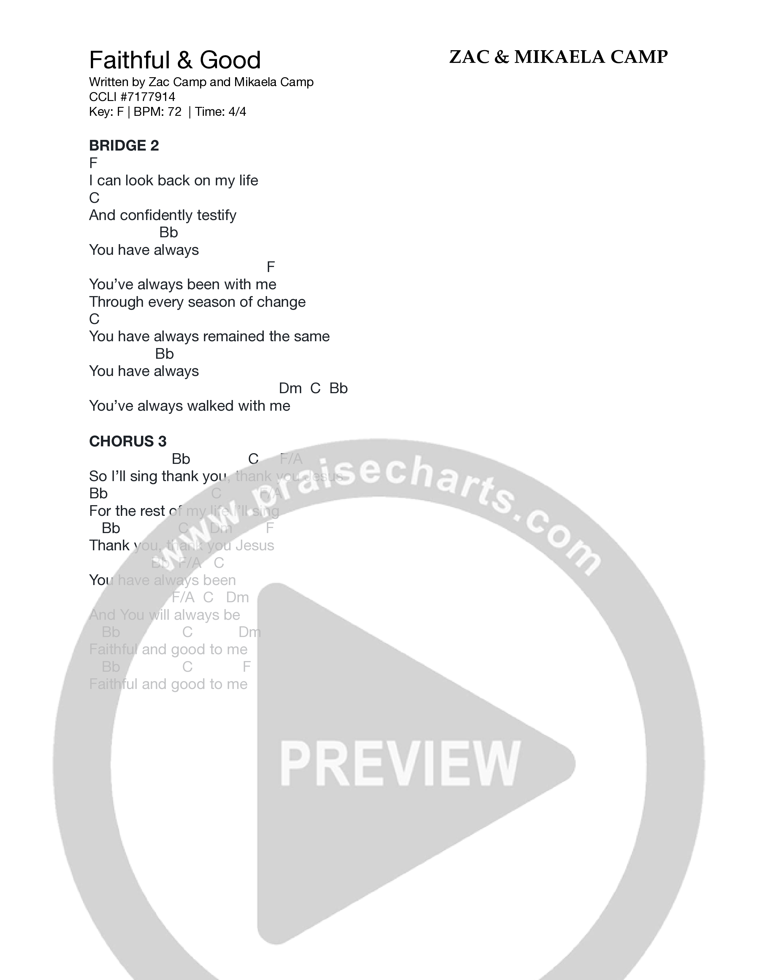 Faithful & Good Chord Chart (Zac & Mikaela Camp)