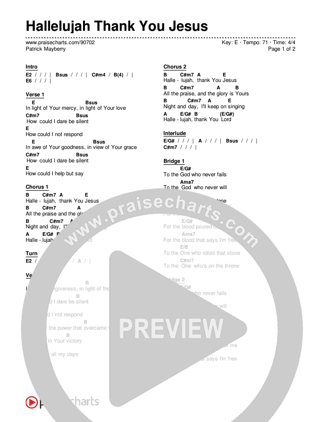 Hallelujah Thank You Jesus Chords & Lyrics (Patrick Mayberry)