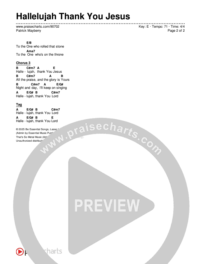 Hallelujah Thank You Jesus Chords & Lyrics (Patrick Mayberry)