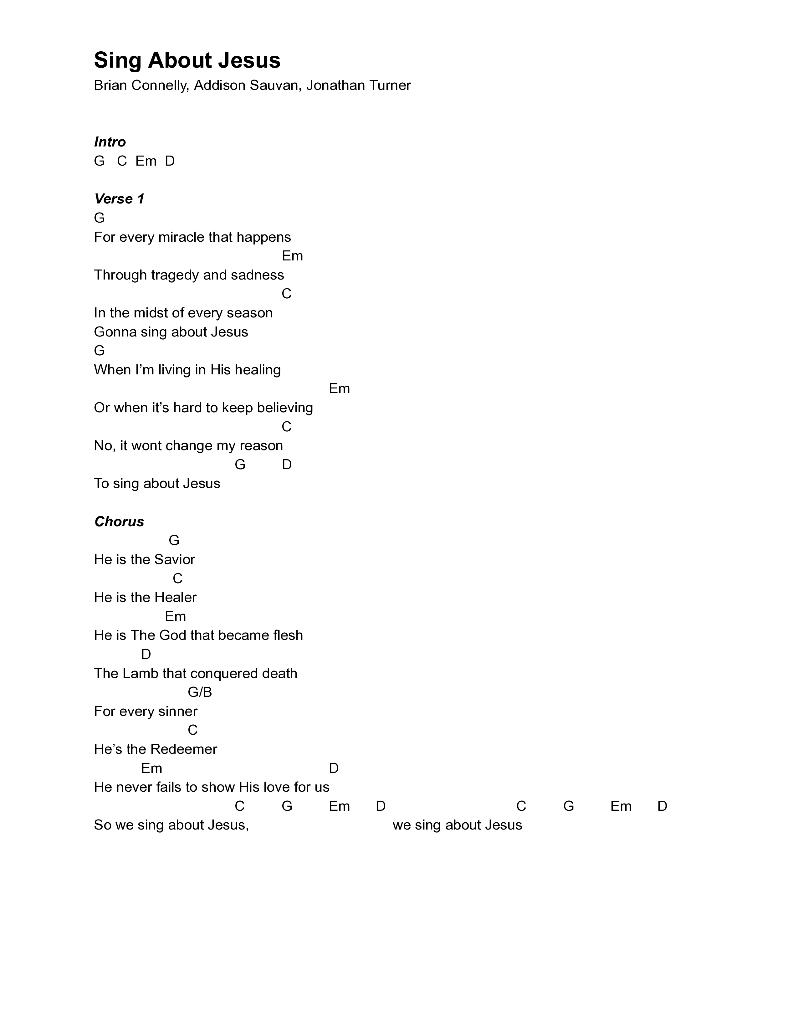Sing About Jesus Chord Chart (Jonathan Turner / Brian Connelly)