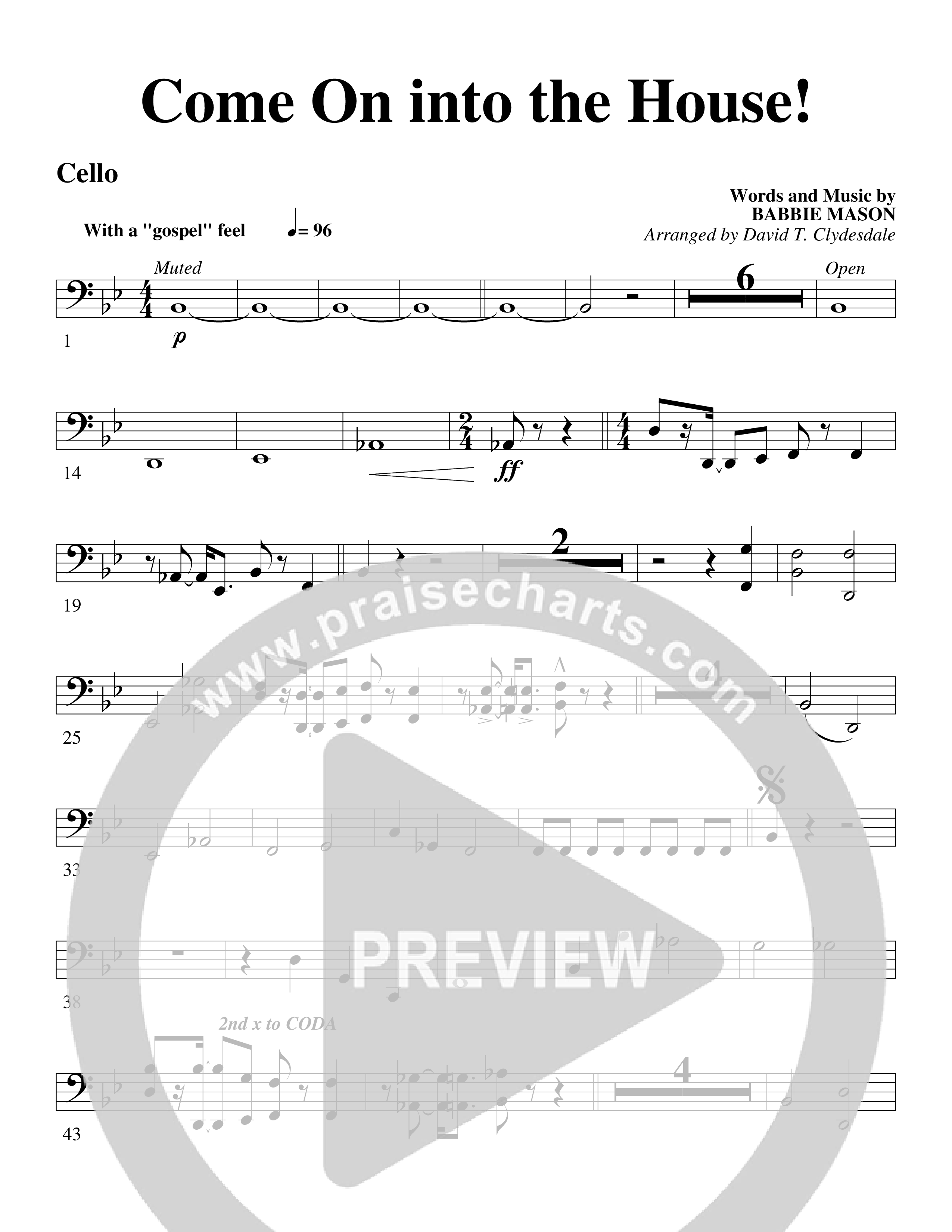 Come On into the House (Choral Anthem SATB) Cello (Word Music Choral / Arr. David Clydesdale)