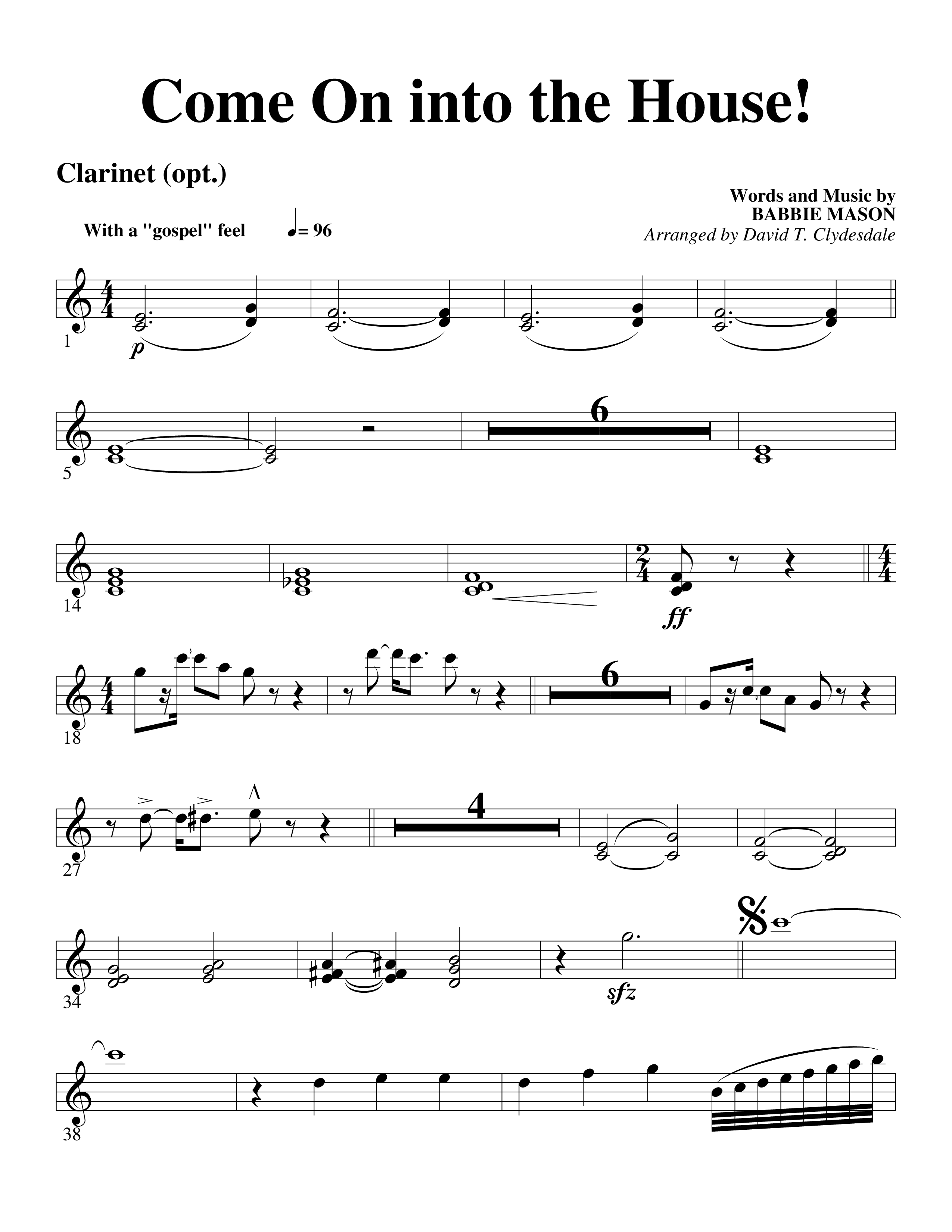 Come On into the House (Choral Anthem SATB) Clarinet (Word Music Choral / Arr. David Clydesdale)