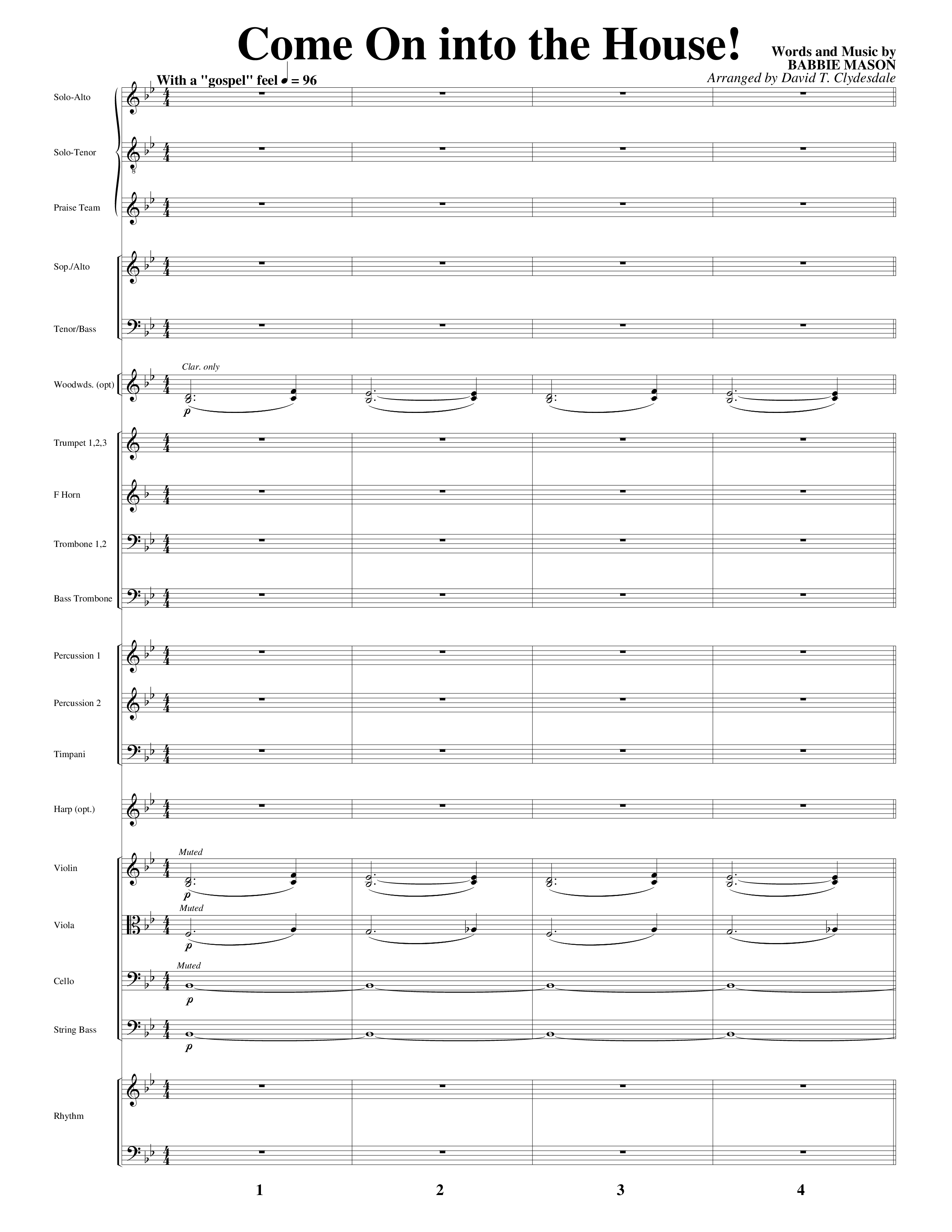 Come On into the House (Choral Anthem SATB) Orchestration (Word Music Choral / Arr. David Clydesdale)
