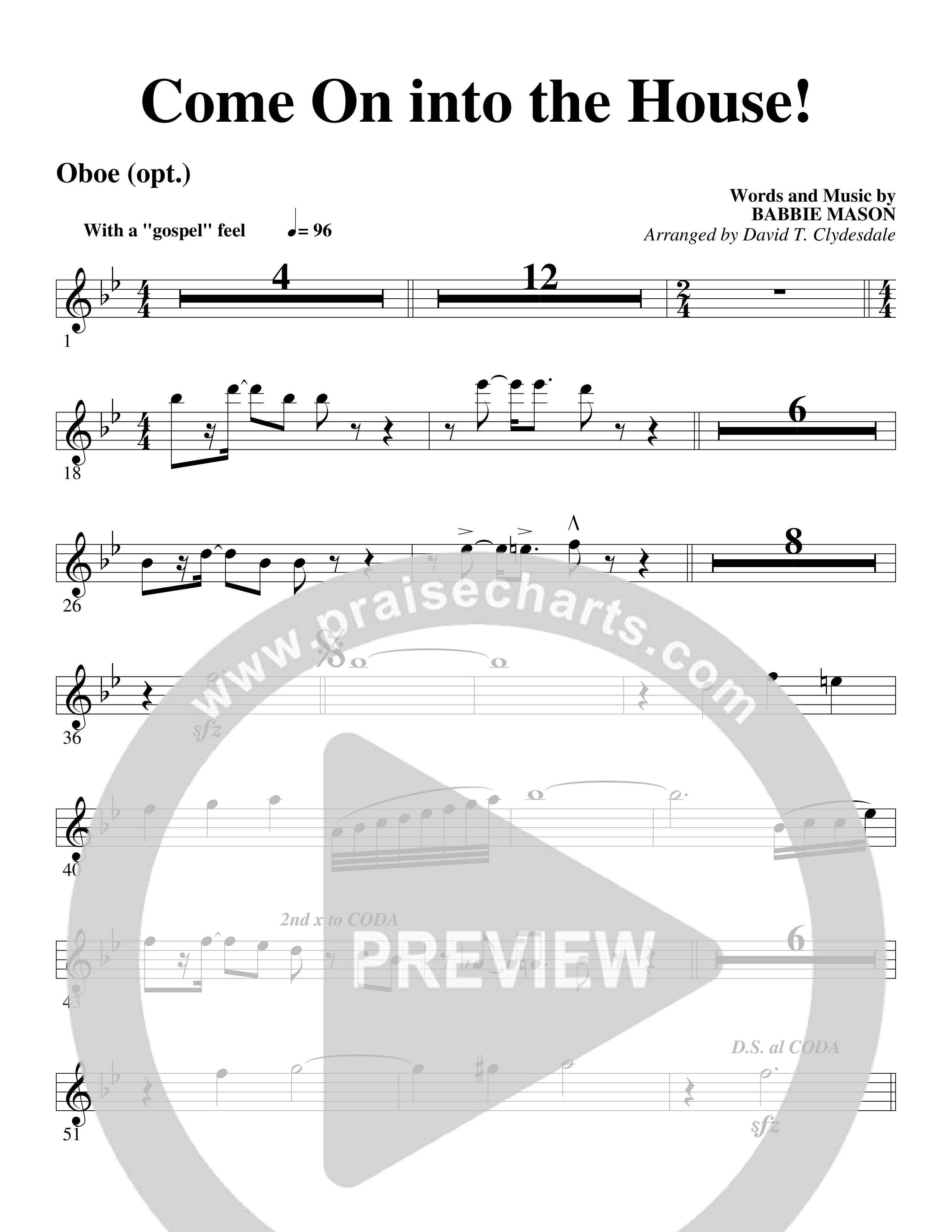 Come On into the House (Choral Anthem SATB) Oboe (Word Music Choral / Arr. David Clydesdale)