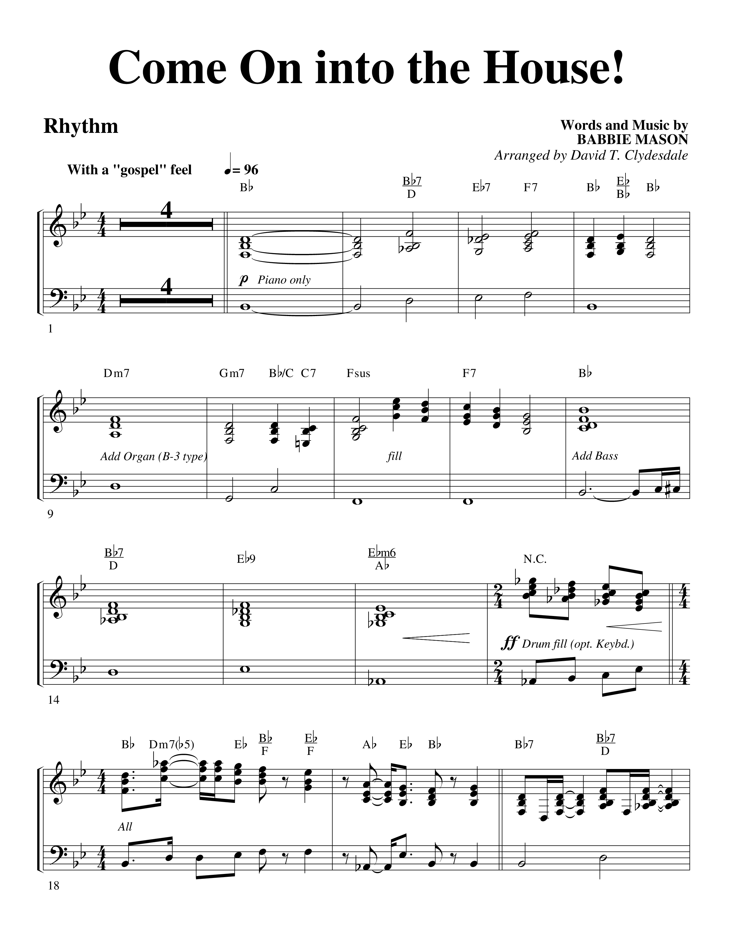 Come On into the House (Choral Anthem SATB) Rhythm Chart (Word Music Choral / Arr. David Clydesdale)