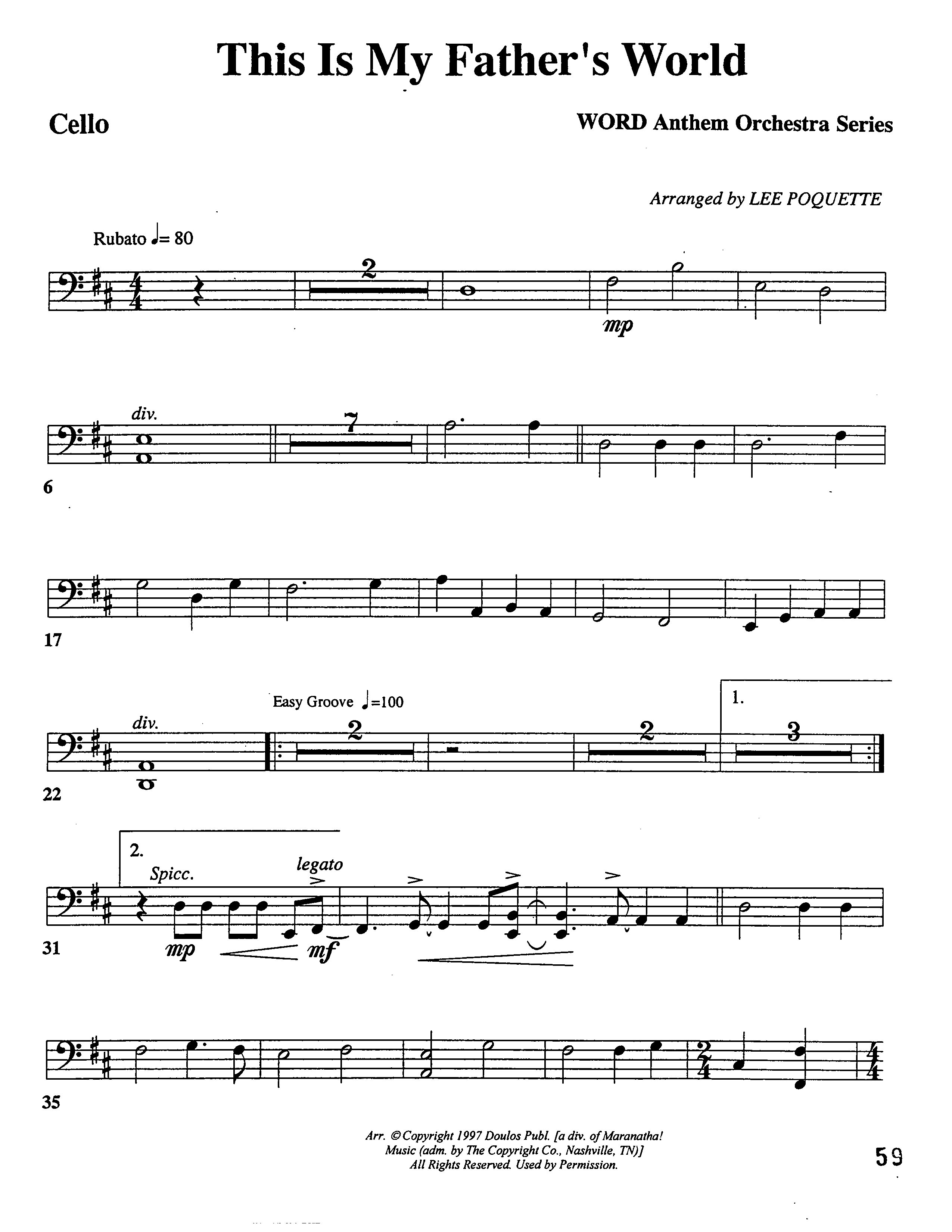 This Is My Father's World (Choral Anthem SATB) Cello (Word Music Choral / Orch. Lee Poquette)