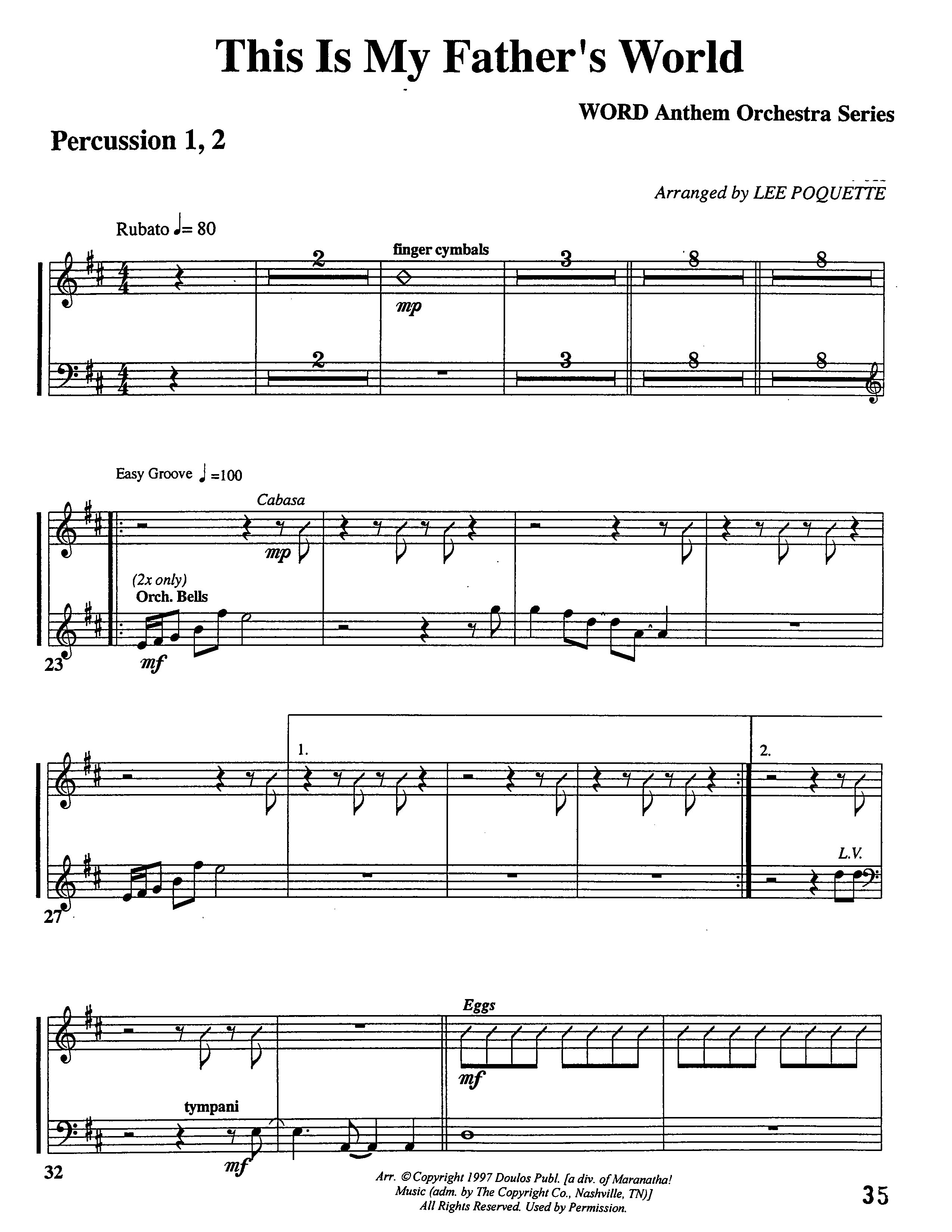This Is My Father's World (Choral Anthem SATB) Percussion (Word Music Choral / Orch. Lee Poquette)