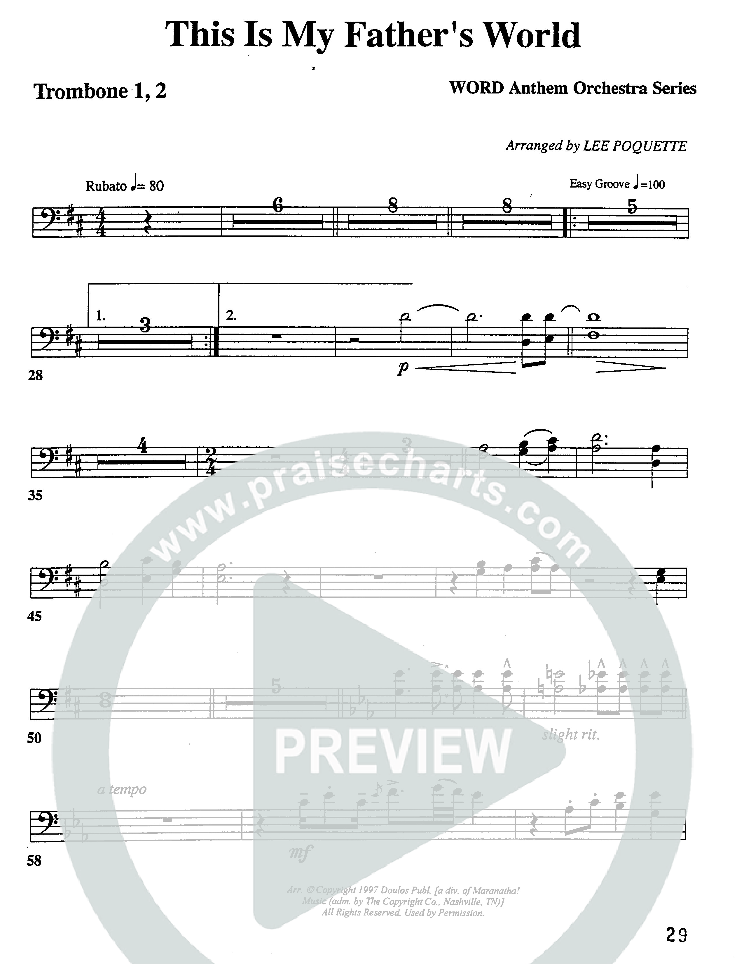 This Is My Father's World (Choral Anthem SATB) Trombone 1/2 (Word Music Choral / Orch. Lee Poquette)