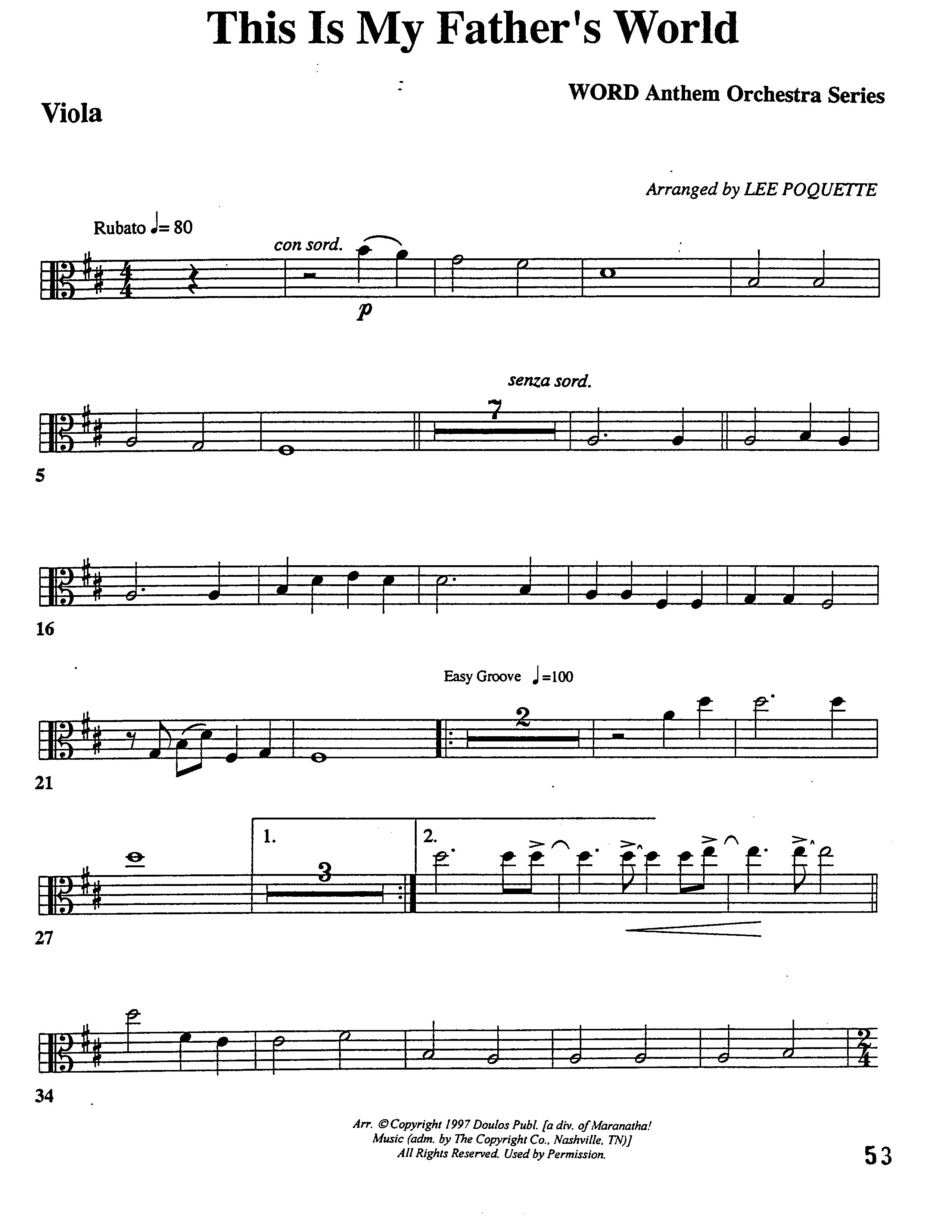 This Is My Father's World (Choral Anthem SATB) Viola (Word Music Choral / Orch. Lee Poquette)