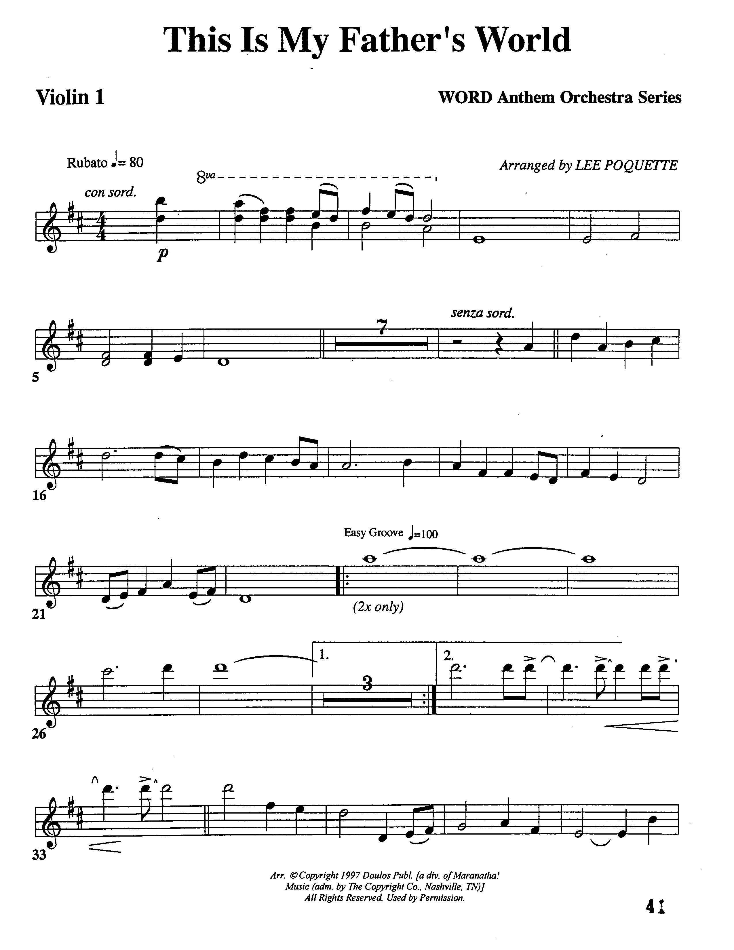 This Is My Father's World (Choral Anthem SATB) Violin 1/2 (Word Music Choral / Orch. Lee Poquette)