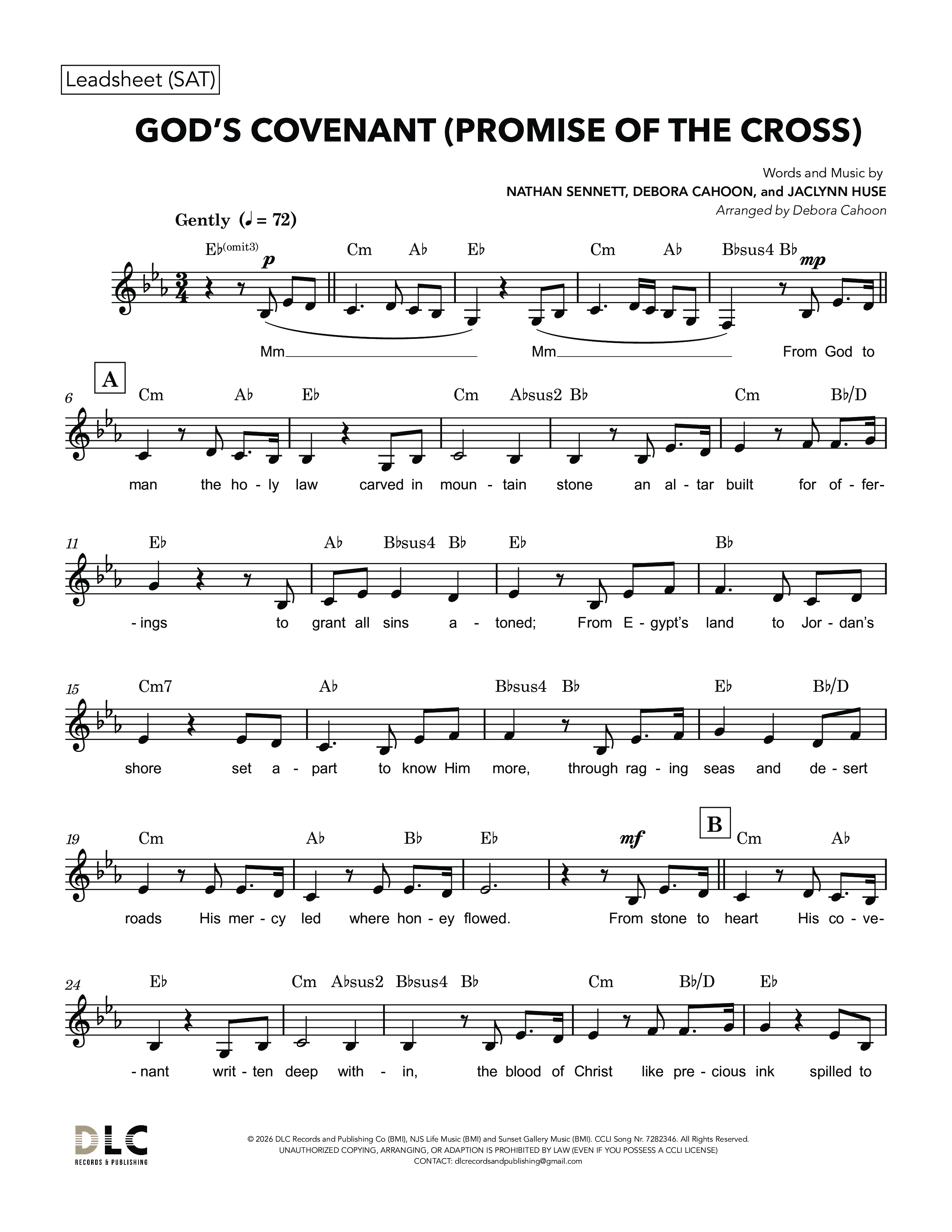 God's Covenant (Promise Of The Cross) (Choral Anthem SATB) Lead Sheet (SAT) (Nathan Sennett / Debora Cahoon / Jaclynn Huse)