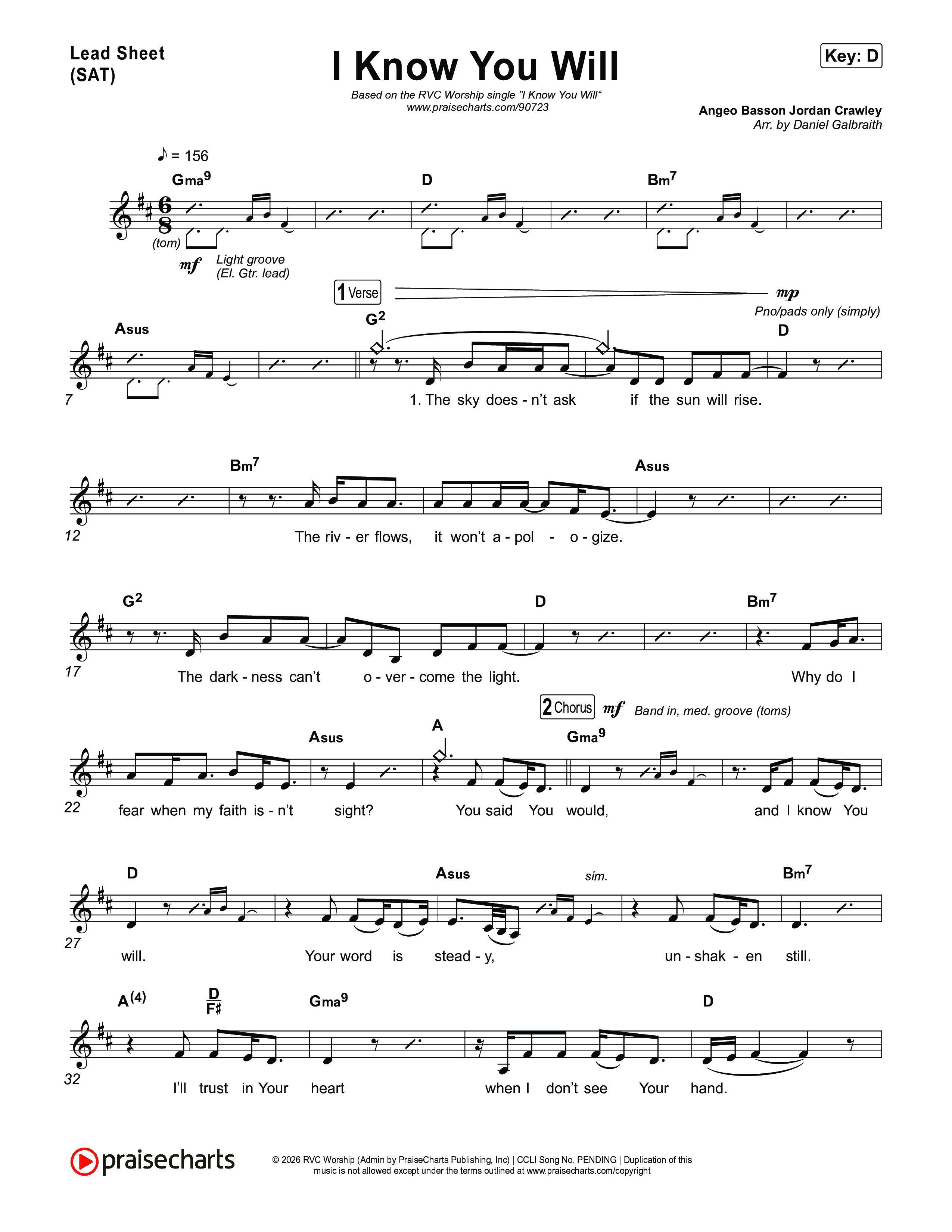 I Know You Will Lead Sheet (SAT) (RVC Worship / Kayli Basson / Jordan Crawley)