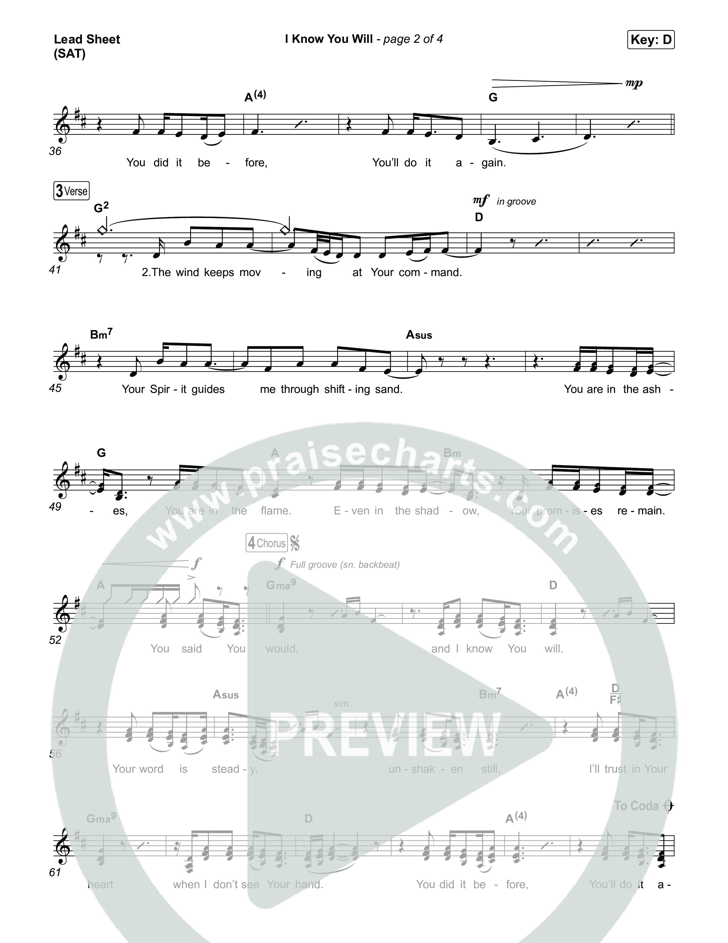 I Know You Will Lead Sheet (SAT) (RVC Worship / Kayli Basson / Jordan Crawley)