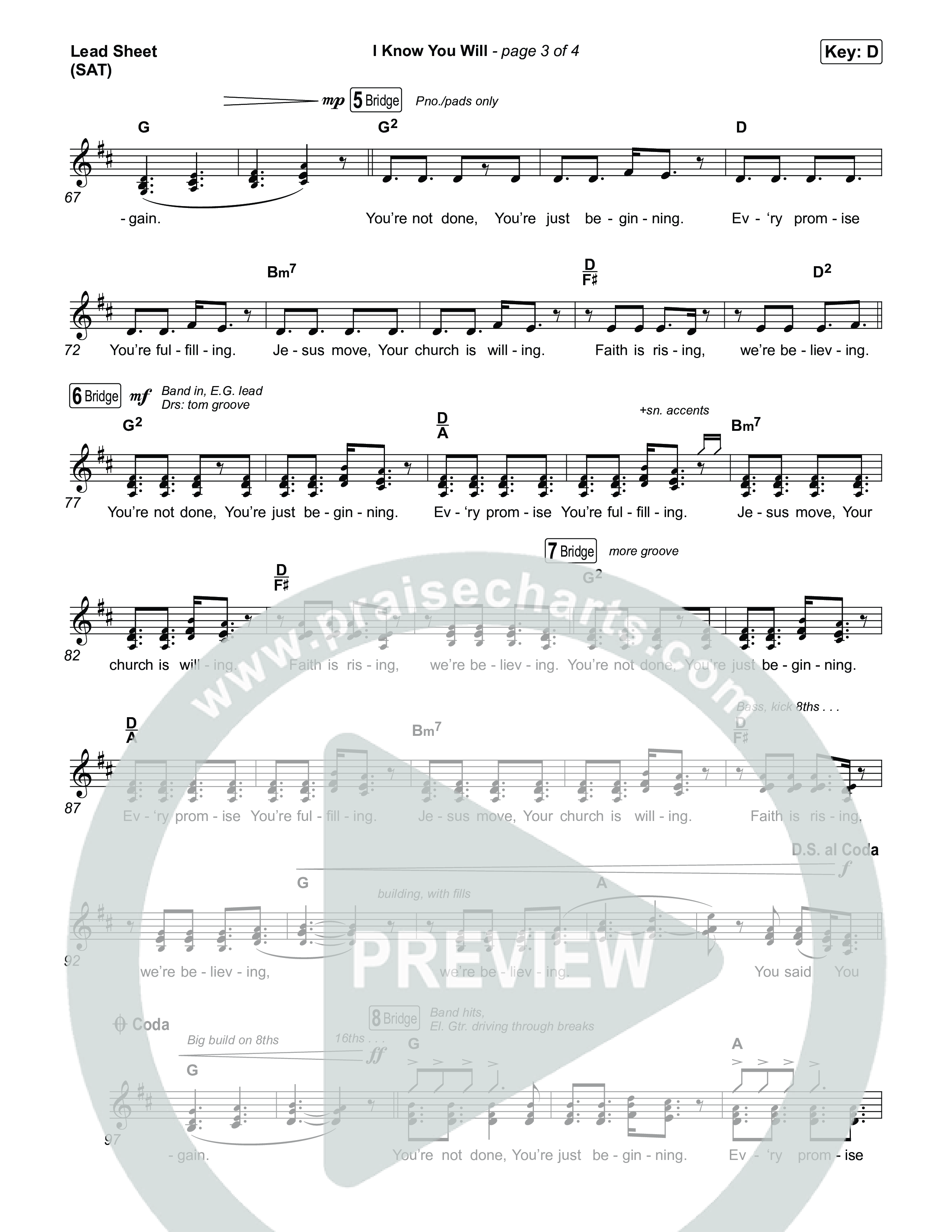 I Know You Will Lead Sheet (SAT) (RVC Worship / Kayli Basson / Jordan Crawley)
