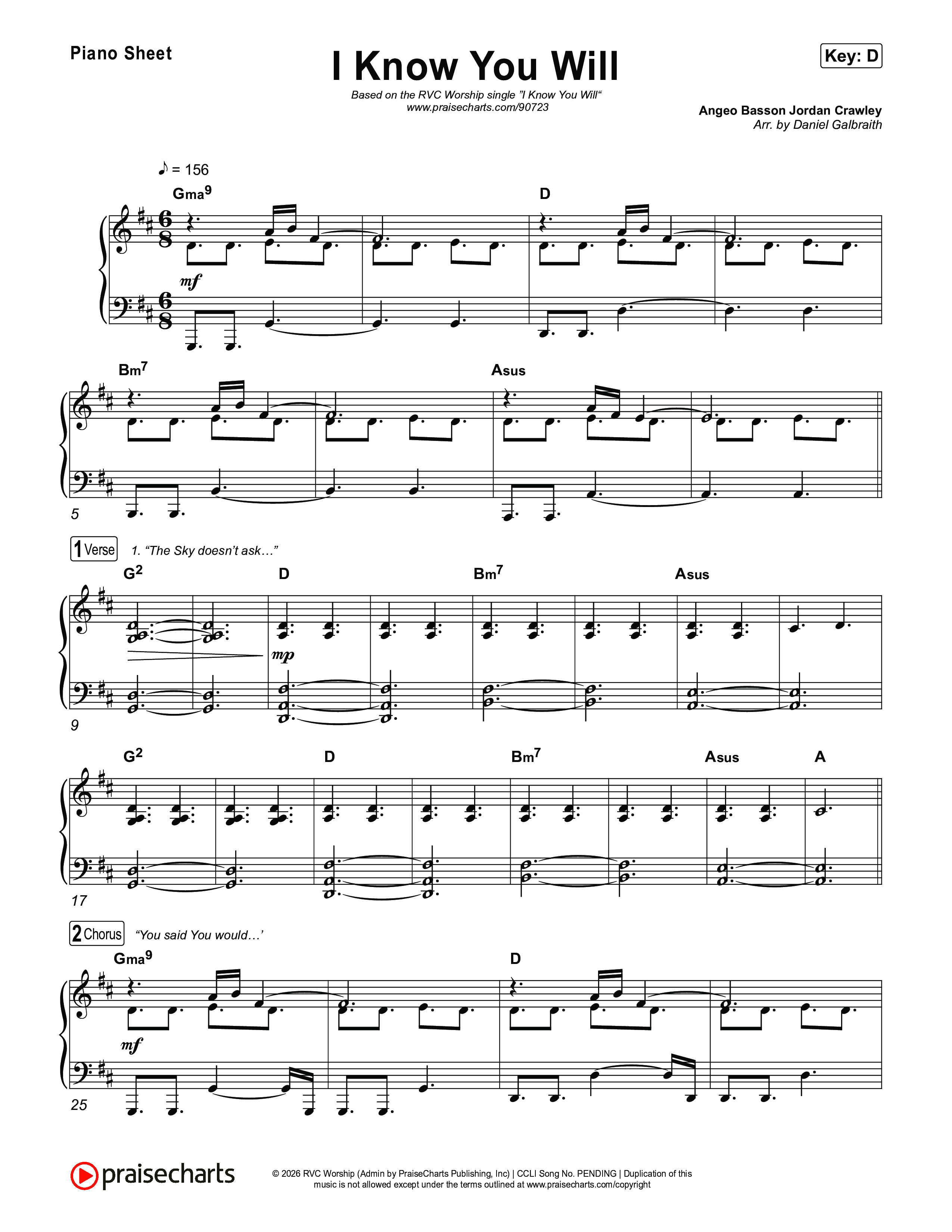 I Know You Will Piano Sheet (RVC Worship / Kayli Basson / Jordan Crawley)