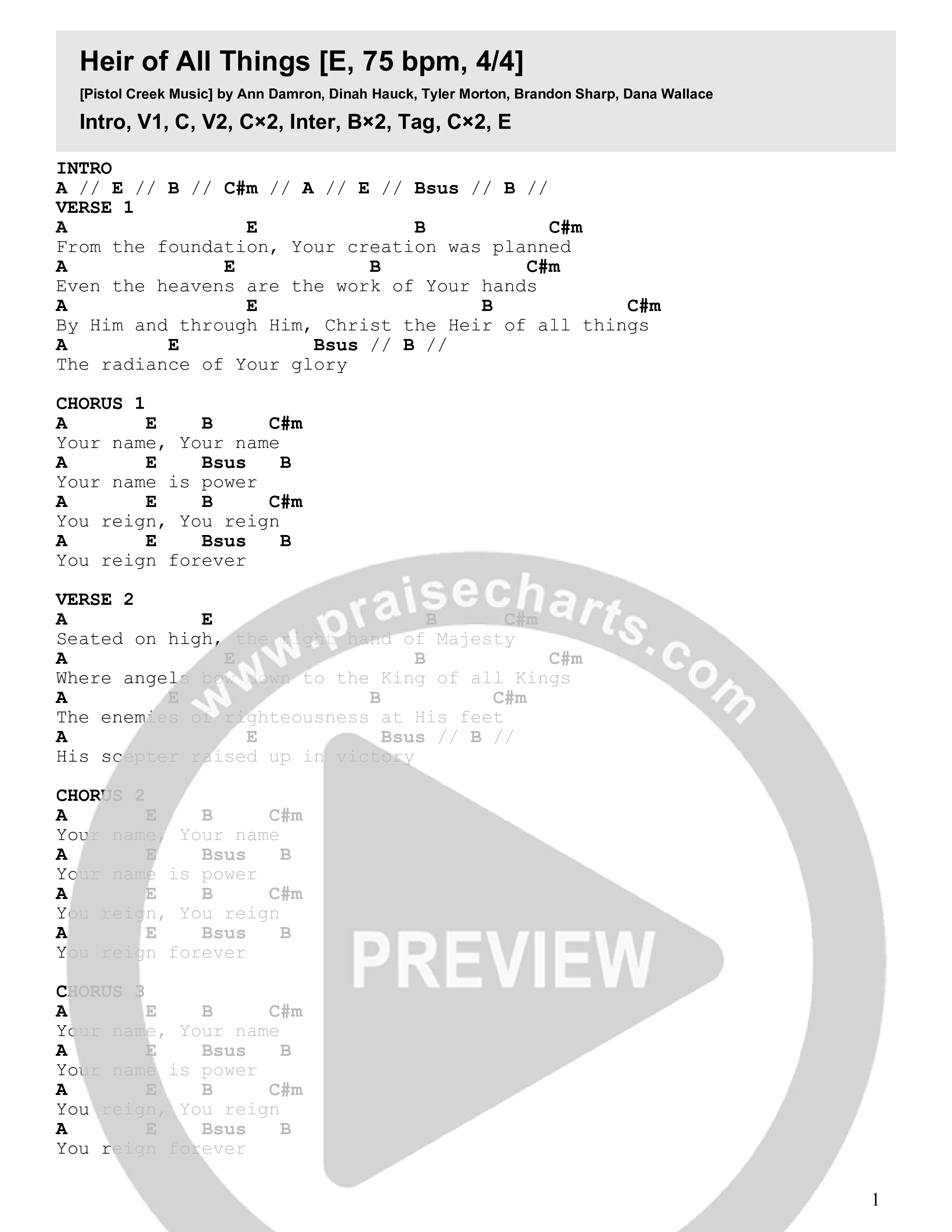 Heir Of All Things Chord Chart (Pistol Creek Music)