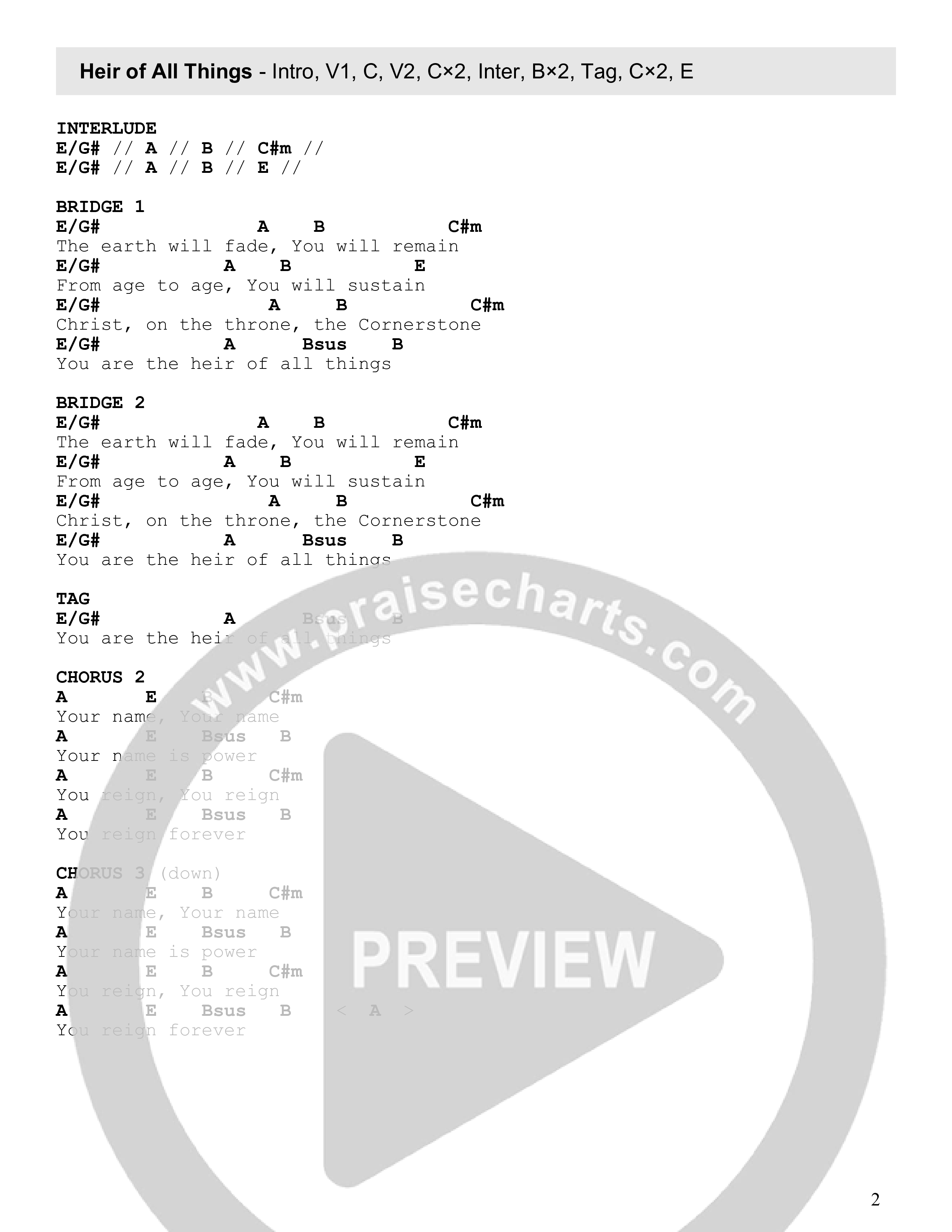 Heir Of All Things Chord Chart (Pistol Creek Music)