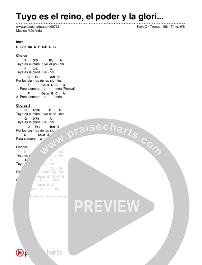 Tuyo es el reino, el poder y la gloria para siempre Chord Chart (Música Más Vida)