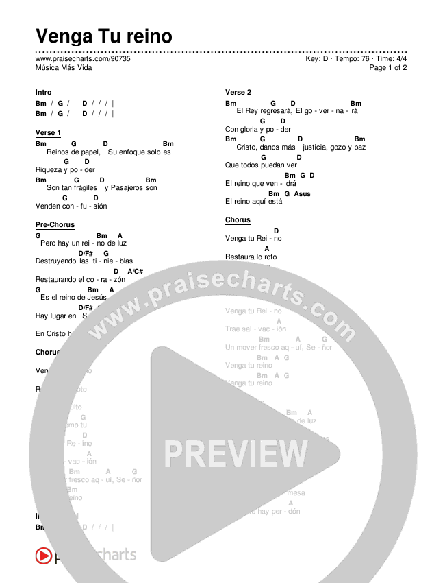 Venga Tu reino Chord Chart (Música Más Vida)