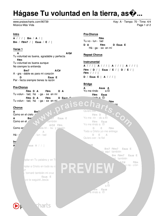 Hágase Tu voluntad en la tierra, así como en el cielo Chord Chart (Música Más Vida)