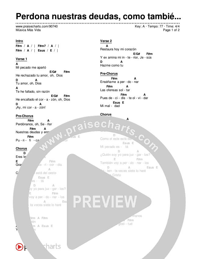 Perdona nuestras deudas, como también nosotros perdonamos Chord Chart (Música Más Vida)