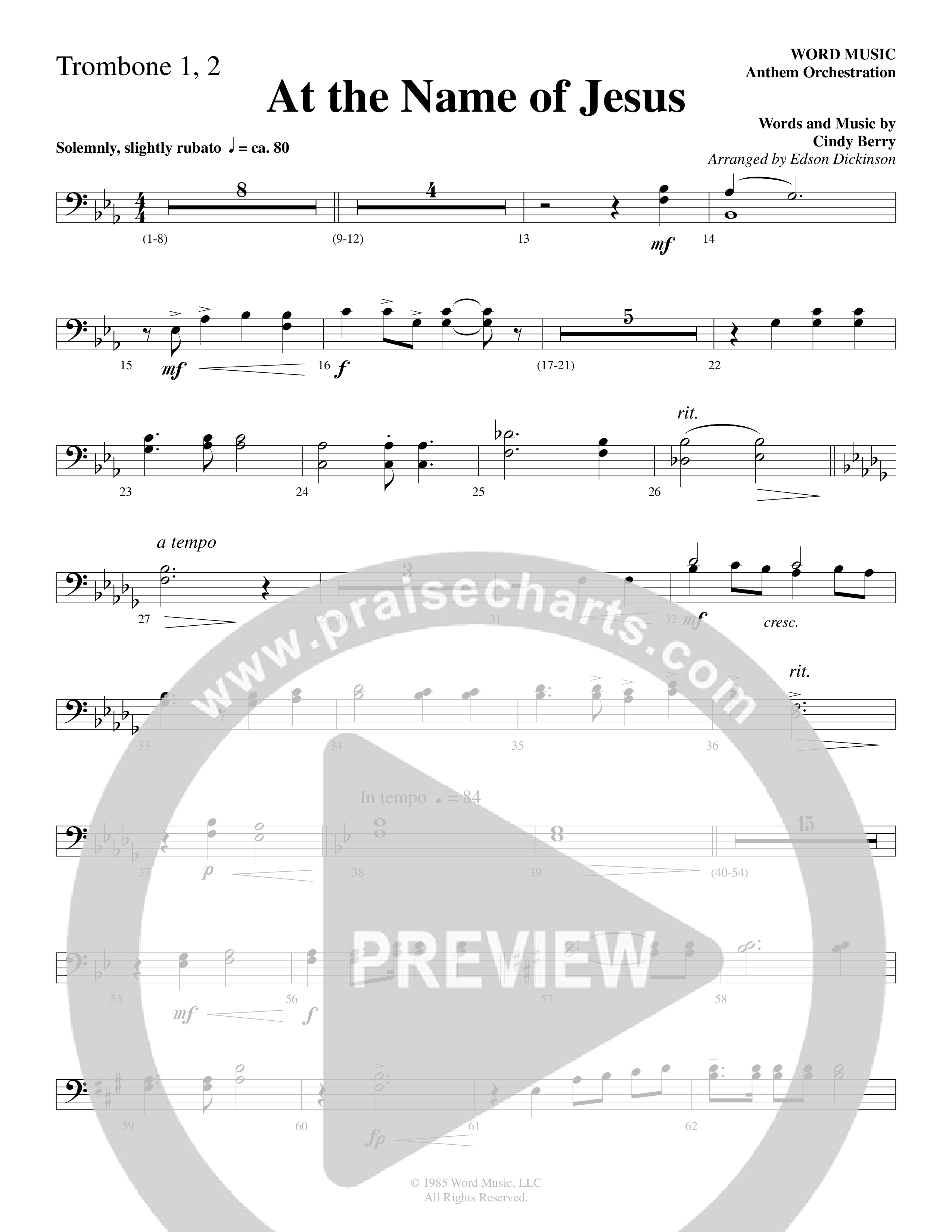 At The Name Of Jesus (Choral Anthem SATB) Trombone 1/2 (Word Music Choral / Edson Dickinson)