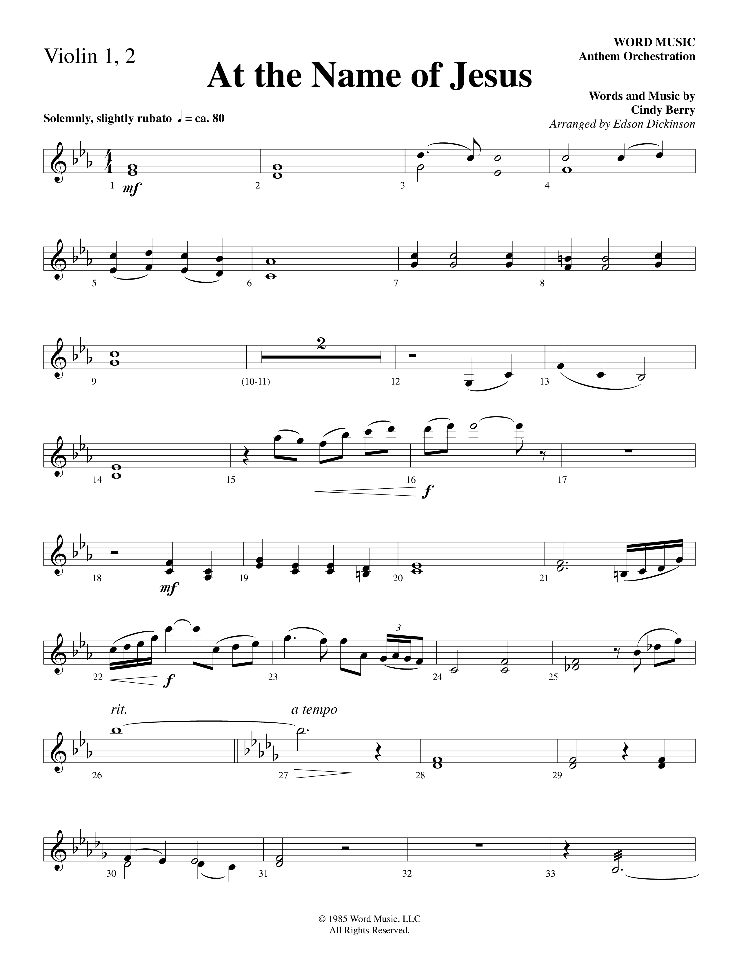 At The Name Of Jesus (Choral Anthem SATB) Violin 1/2 (Word Music Choral / Edson Dickinson)