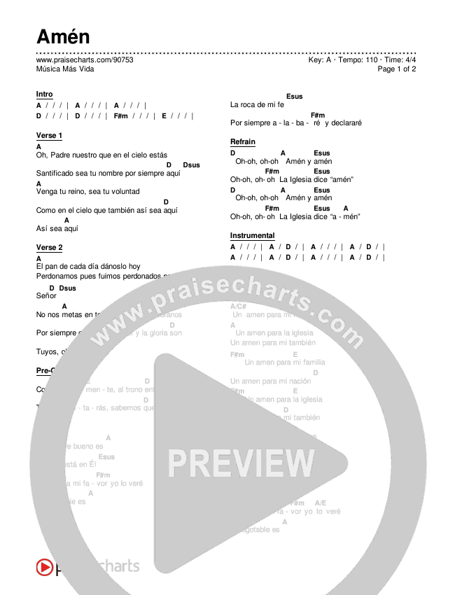 Amén Chord Chart (Música Más Vida)