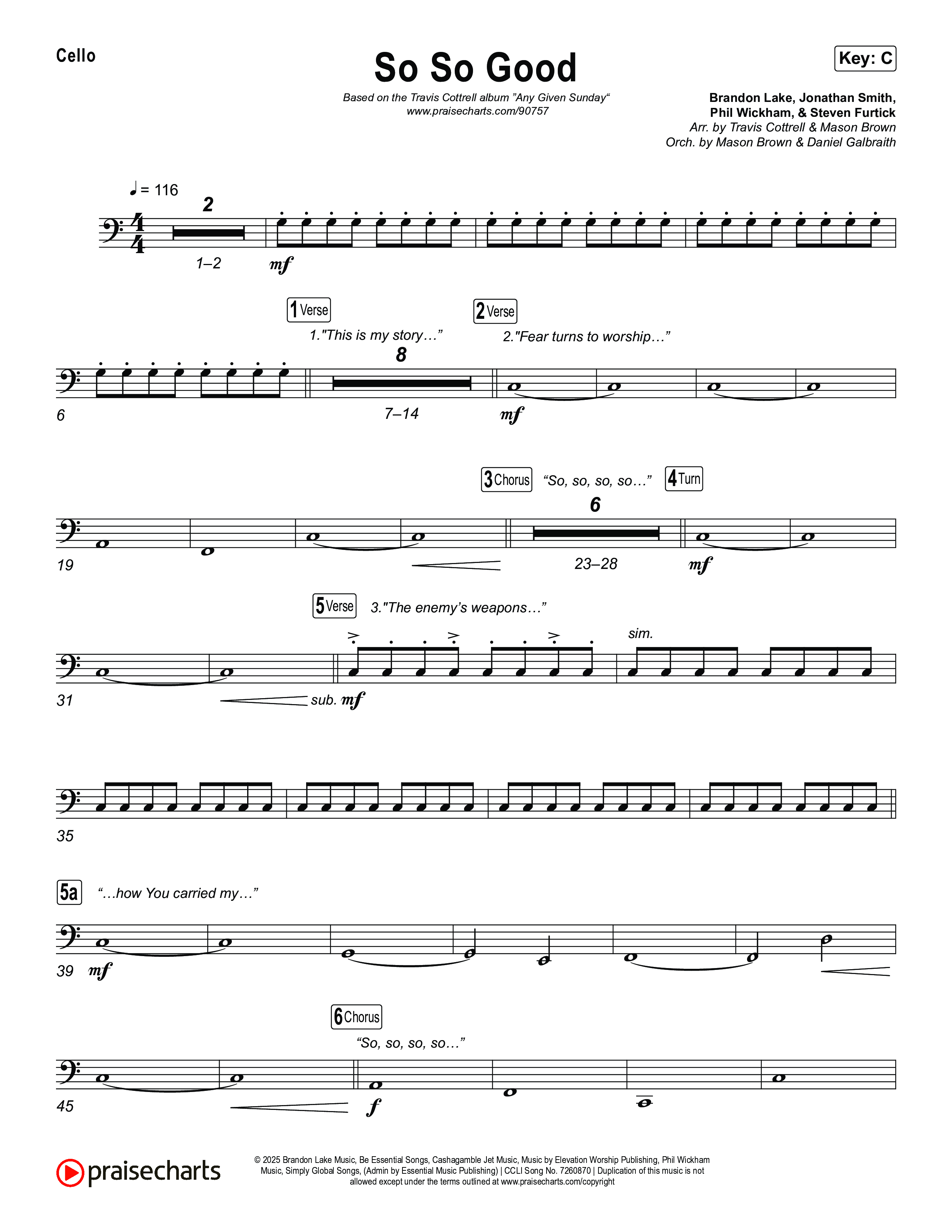 So So Good (Choral/SATB) Cello (Travis Cottrell / Brooke Voland / Arr. Mason Brown)