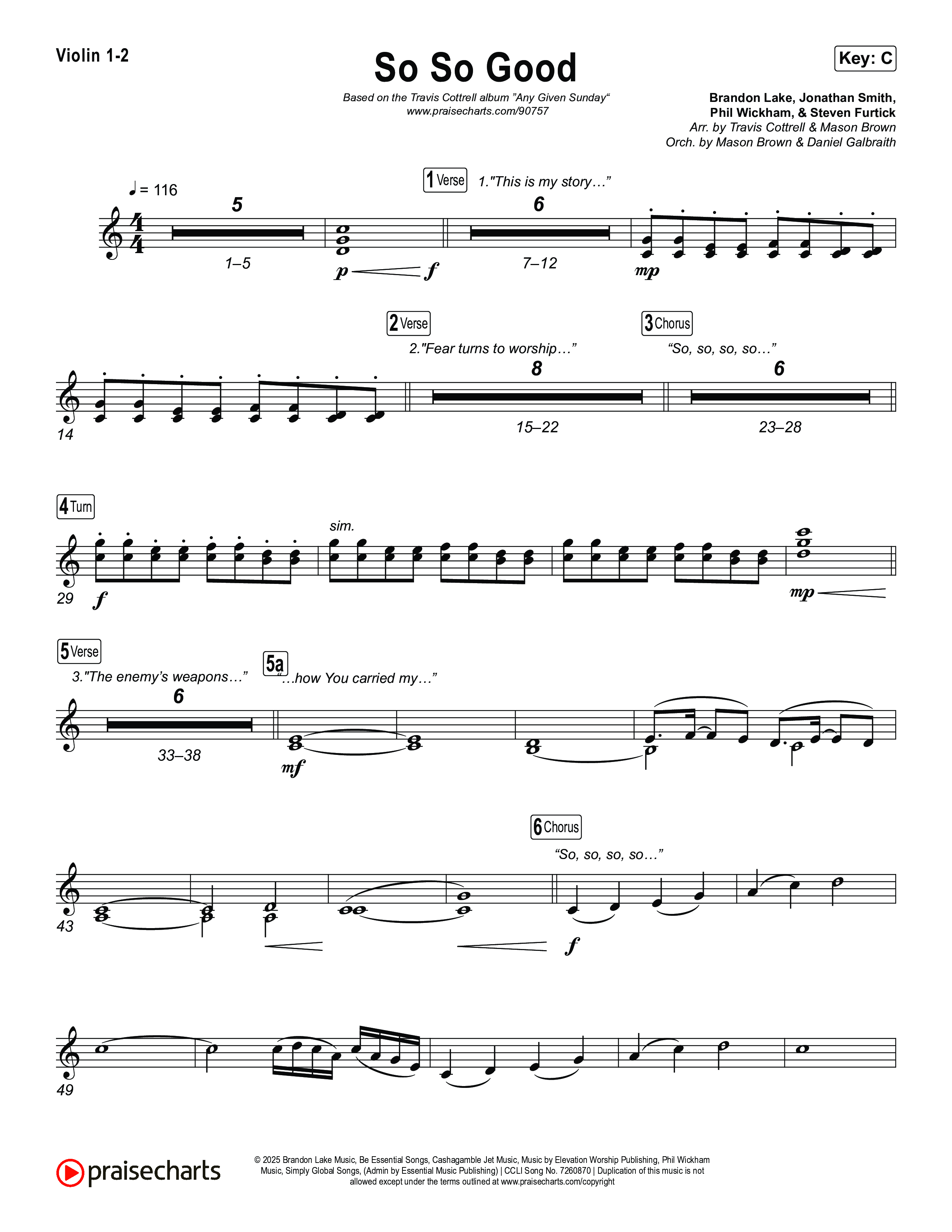 So So Good (Choral/SATB) Violin 1,2 (Travis Cottrell / Brooke Voland / Arr. Mason Brown)