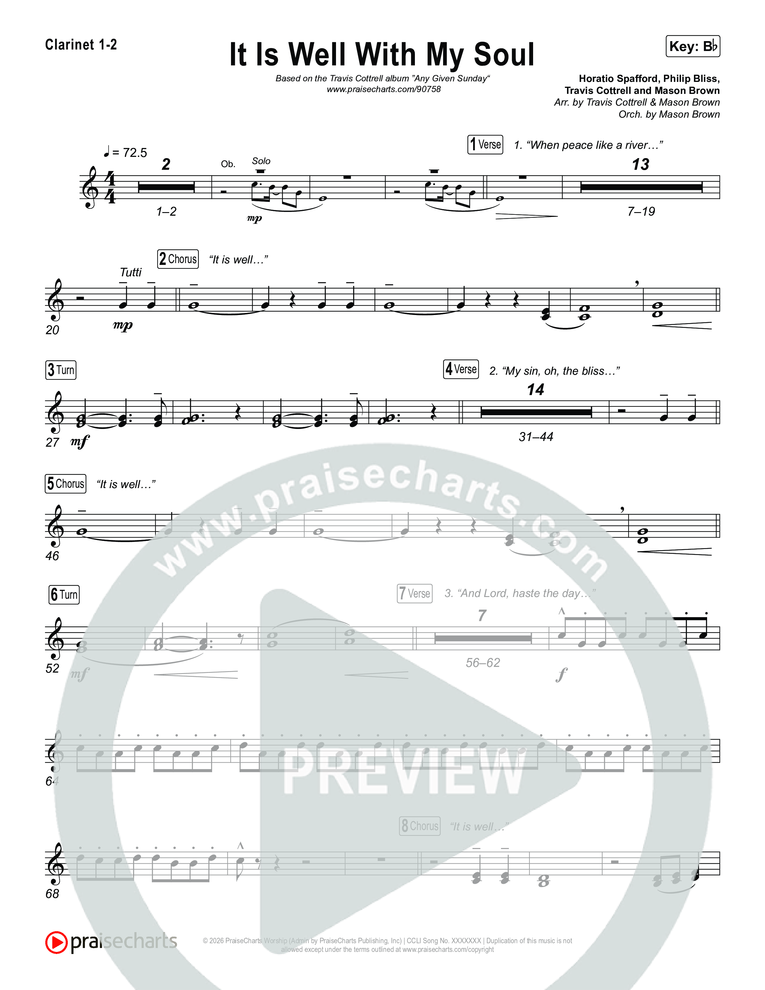 It Is Well With My Soul (Choral/SATB) Clarinet 1/2 (Travis Cottrell / Lily Cottrell / Arr. Mason Brown)