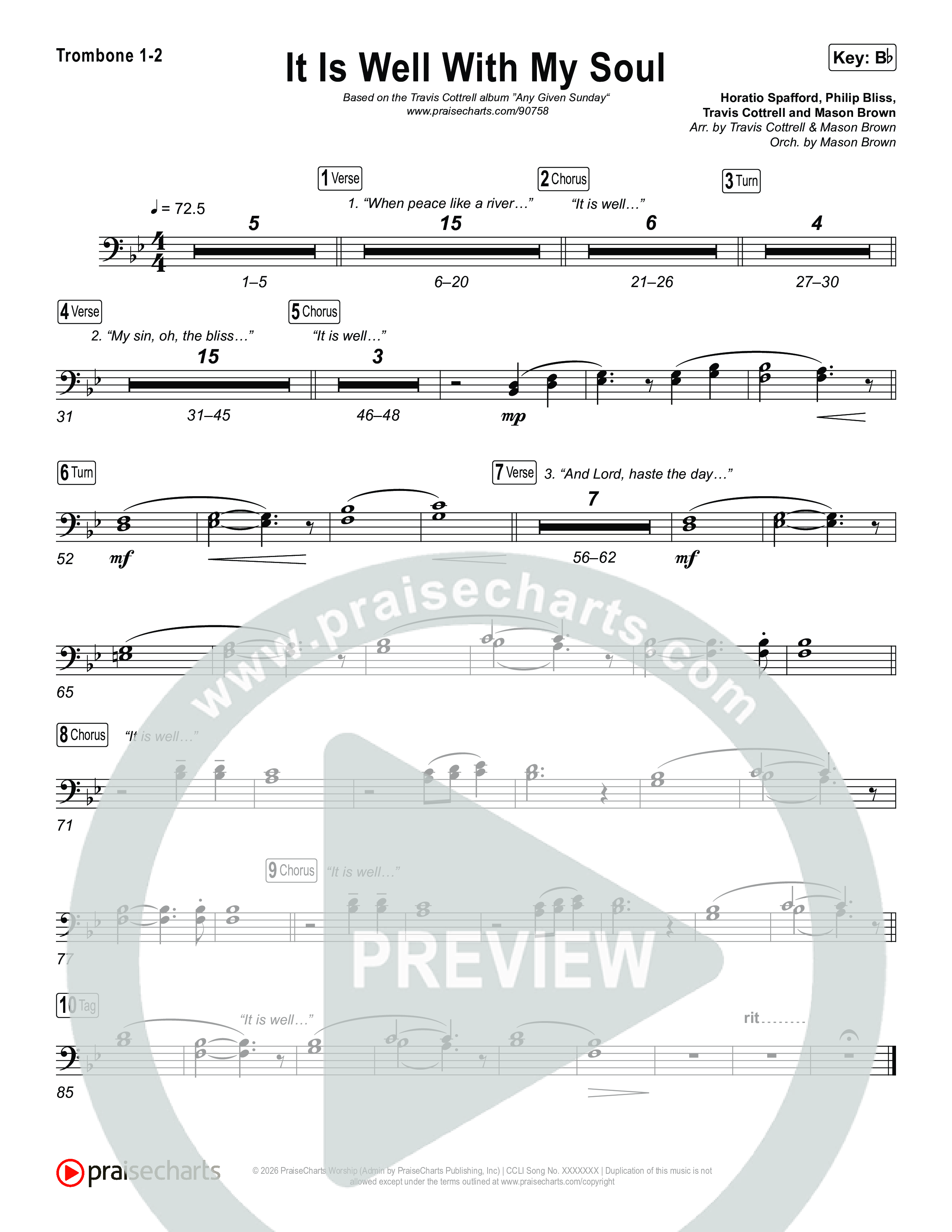 It Is Well With My Soul (Choral/SATB) Trombone 1/2 (Travis Cottrell / Lily Cottrell / Arr. Mason Brown)