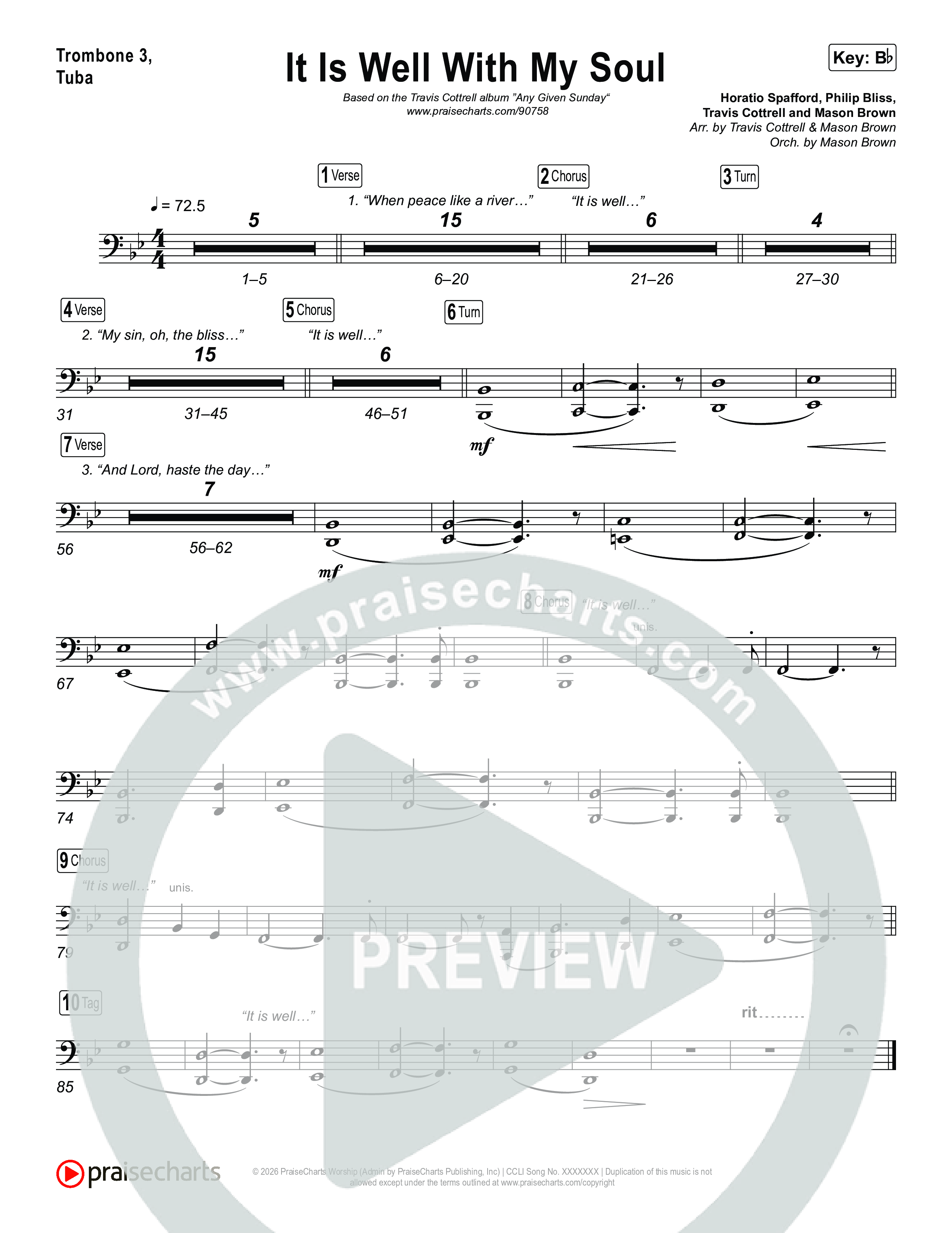 It Is Well With My Soul (Choral/SATB) Trombone 3/Tuba (Travis Cottrell / Lily Cottrell / Arr. Mason Brown)